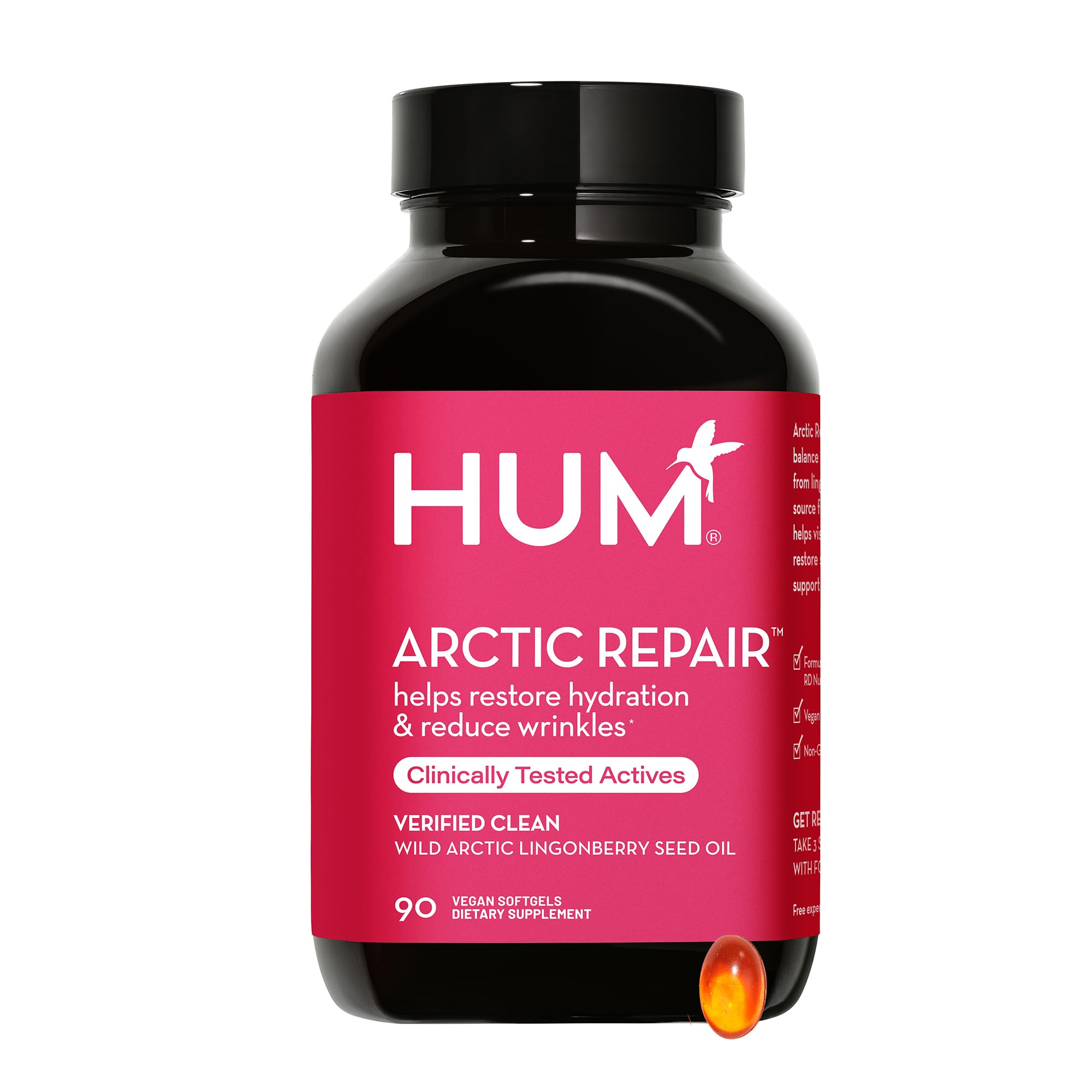 HUM Arctic Repair Clear Skin Supplement - Vitamins A & E, Omega 3 6 9, Lingonberry Seed Oil for Wrinkles Reduction, Skin Rejuvenation & Hydration (90 Capsules) | Anti-Aging Skincare for Daily Use & Travel