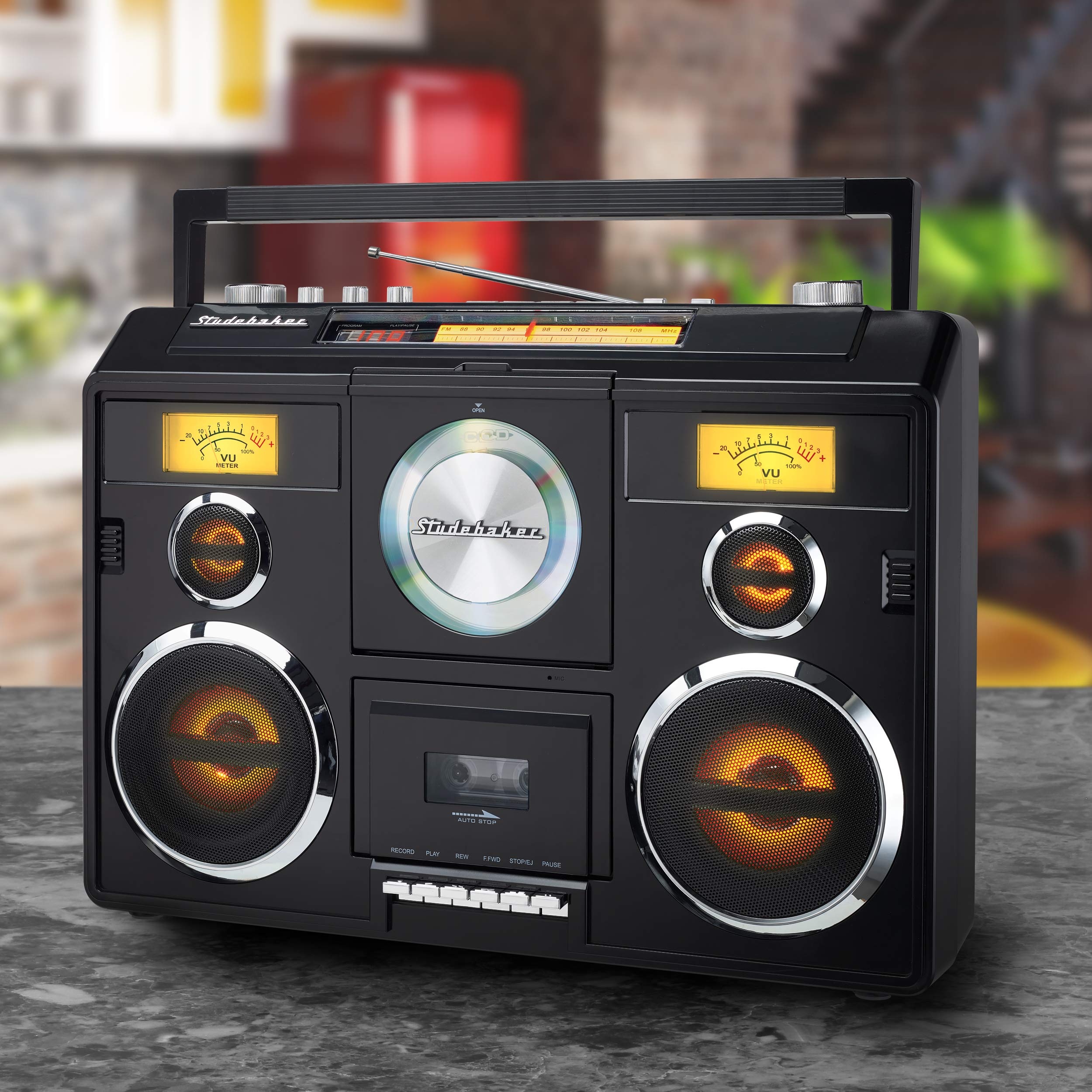 Portable Stereo Sound System with Bluetooth, CD Player, AM/FM Radio & Cassette Recorder - Black | Wireless Music Streaming for Home, Office & Outdoor Parties