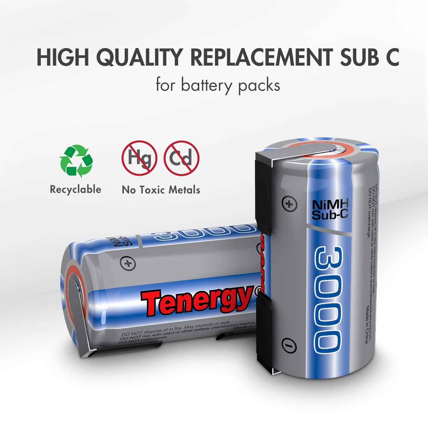 Tenergy NiMH SubC 1.2V 3000mAh Rechargeable Batteries with Tabs - 15 Pack for RC Cars, Robotics, and High-Drain Devices
