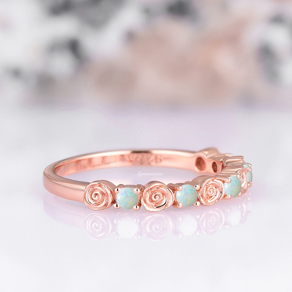 14K Rose Gold Vermeil Dainty Rose Australian Opal Wedding Band - Elegant Engagement Ring & Anniversary Gift for Her