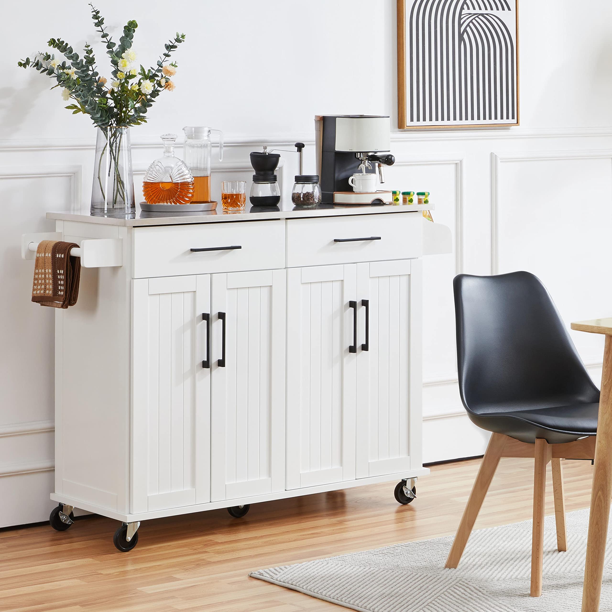 Yaheetech White Kitchen Island Cart with Stainless Steel Countertop, Portable Rolling Cabinet with Adjustable Shelves & 2 Drawers, Perfect for Small Kitchens, Dining Rooms, and Home Office Storage