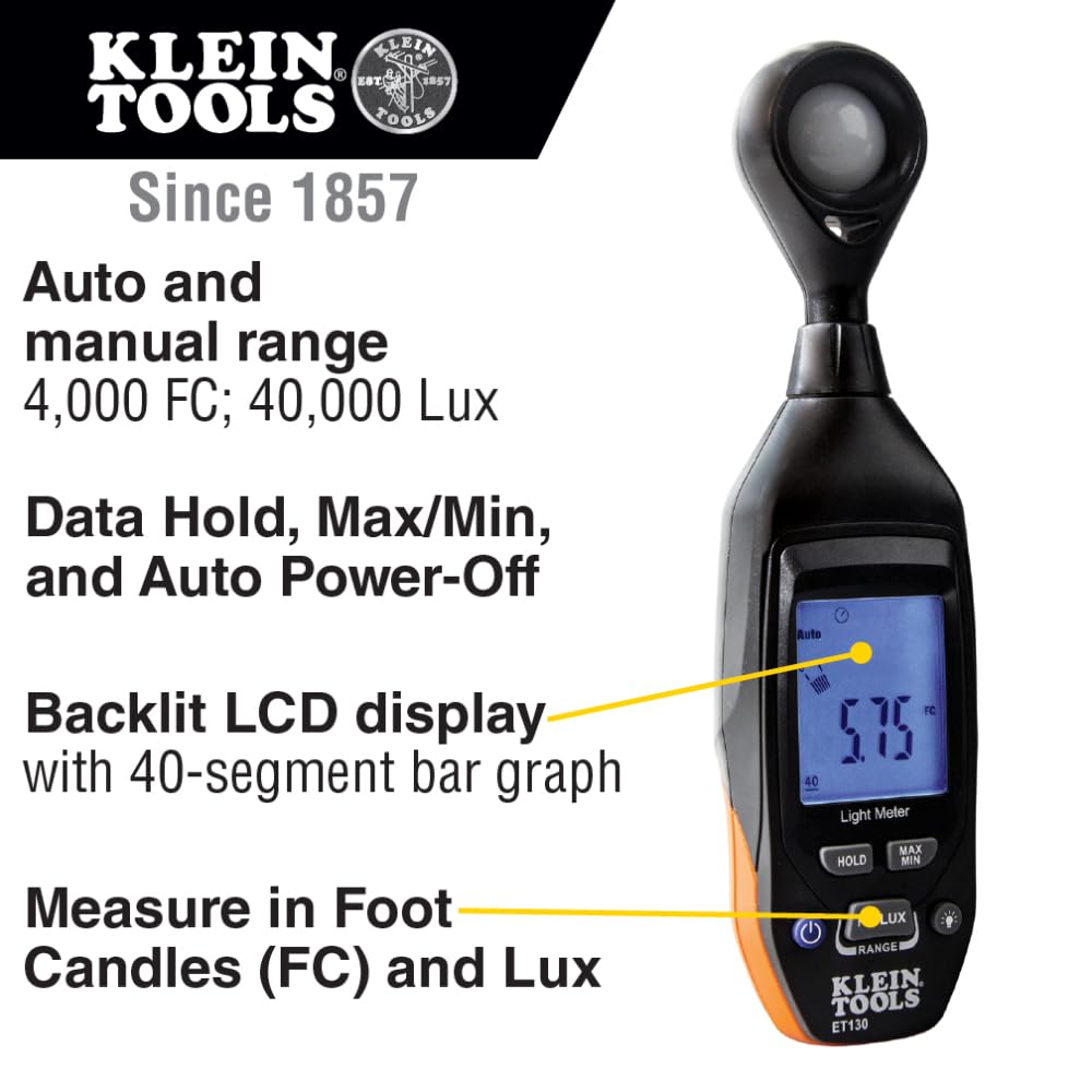 Klein Tools ET130 Digital Light Meter - Accurate Lux Measurement for Indoor/Outdoor Lighting, Photography & Film Production