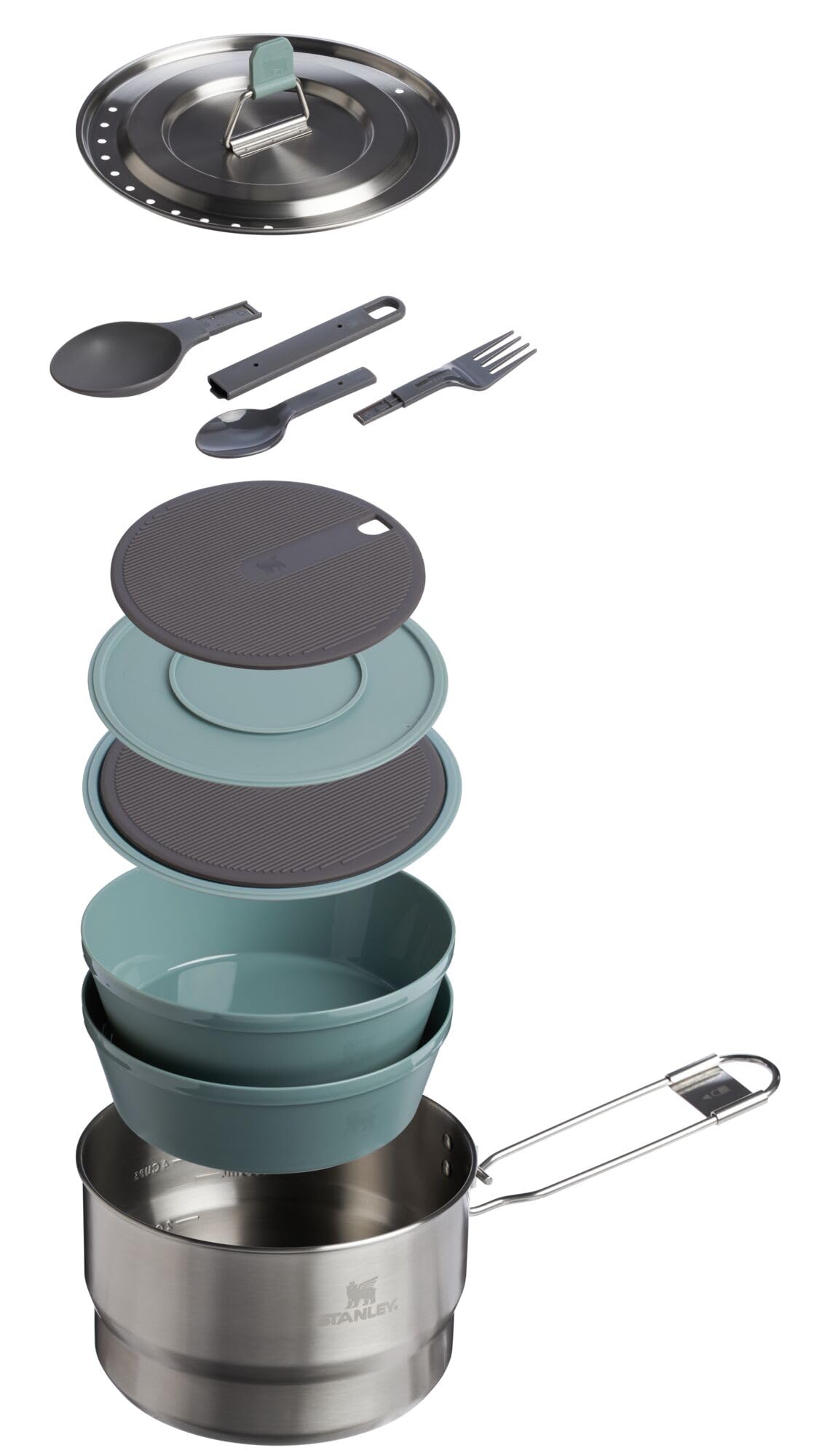 Stanley Wildfare Go 14-Piece Stainless Steel Camping Cookware Set with 1.65 qt Saucepan, Bowls, Utensils & Cutting Board | Fold & Lock Handle | BPA-Free | Perfect for Outdoor Cooking, Backpacking, RV Trips & Camp Kitchen Essentials