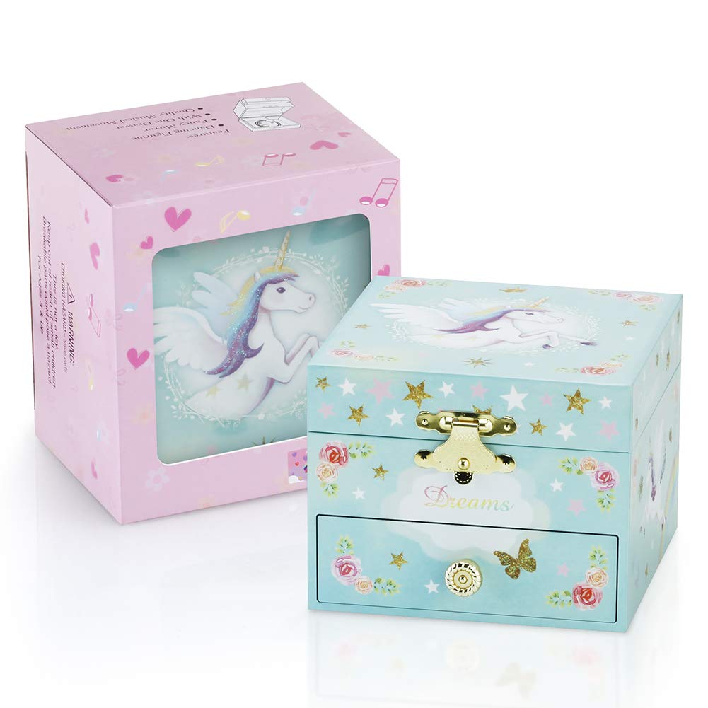RR ROUND RICH DESIGN Musical Jewelry Box for Girls with Unicorn - Blue Danube Tune, Jewelry Storage Organizer with Drawer & Mirror, Perfect Gift for Birthday, Christmas | Bedroom Decor, Dresser Top Organizer