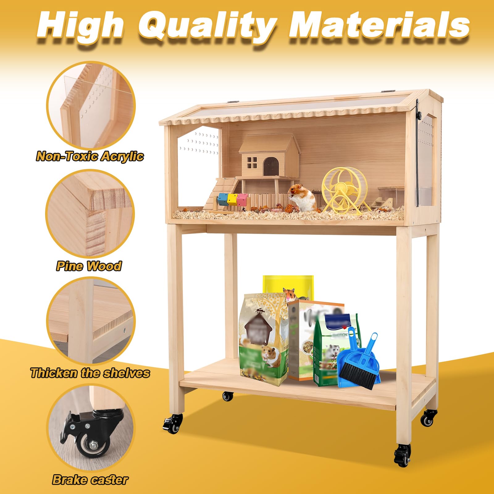 Premium Wooden Hamster Cage with Storage Shelf - Large Pine Guinea Pig Cage for Small Animals (Chinchilla, Rat, Bunny) - Spacious 32