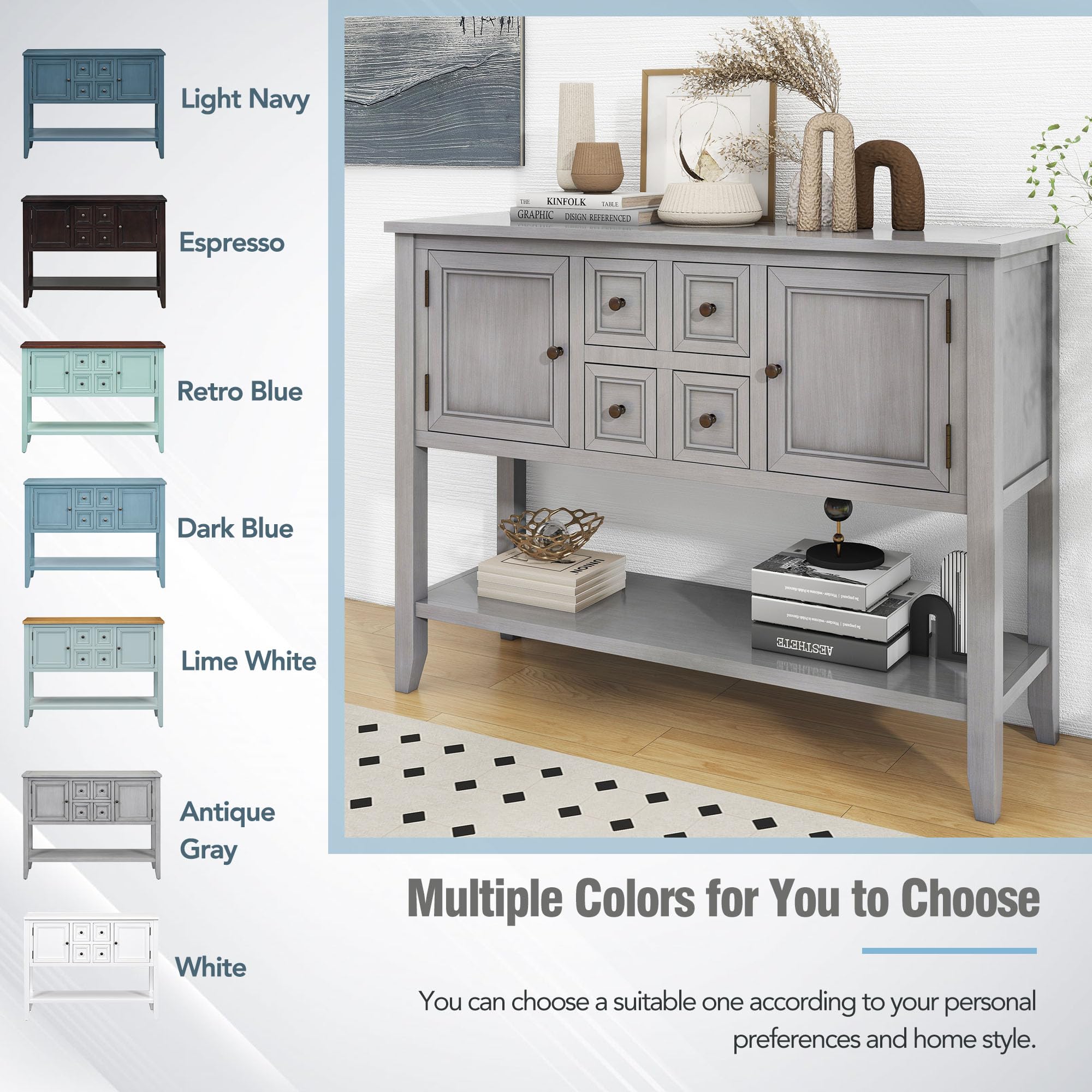 ZSQ Buffet Table - Cambridge Series Sideboard with Bottom Shelf, Console Table for Dining Room, Entryway & Living Room | Grey Sofa Table & Server Cabinet for Home Decor