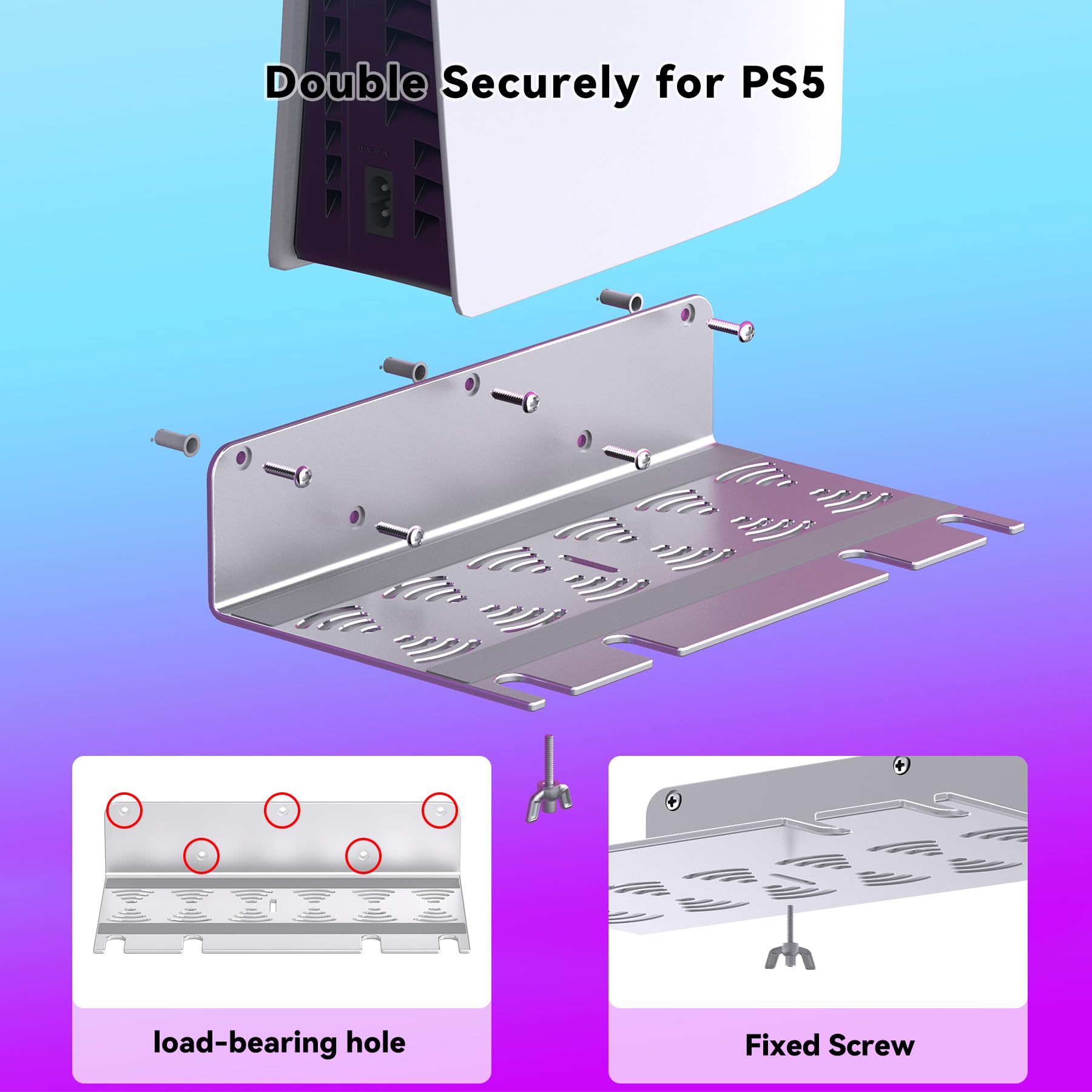 PS5 Slim/Pro/Original Wall Mount Kit - Aluminum Space-Saving Wall Stand for All PS5 Models & Controllers | Enhanced Heat Dissipation | Silver Finish | Perfect for Gaming Rooms & Small Spaces