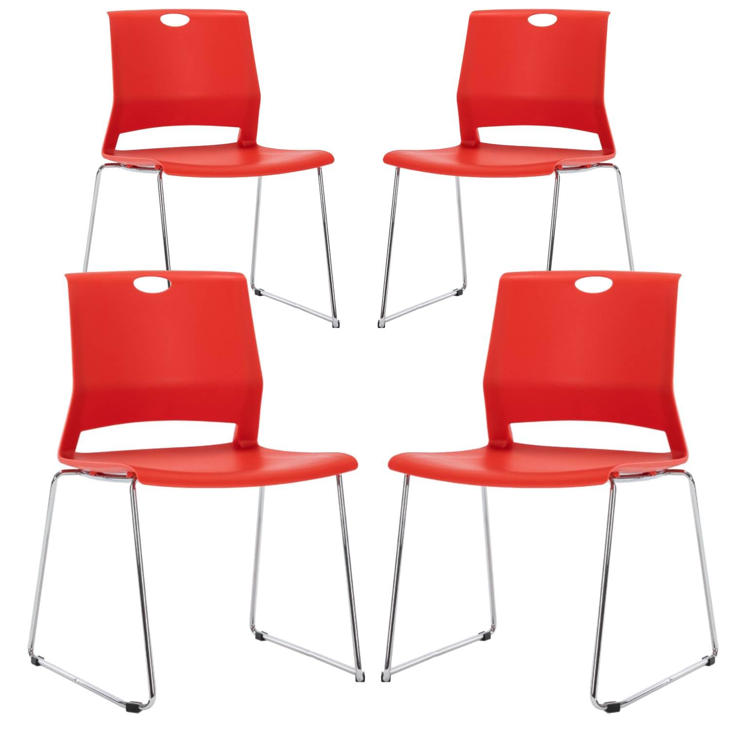Ergonomic Office Guest Chair with Sled Base - Plastic Stacking Chair Without Wheels - Reception, Conference & Waiting Room Chairs - Red (4 Pack) - Perfect for Office Spaces, Meeting Rooms & Lobby Areas