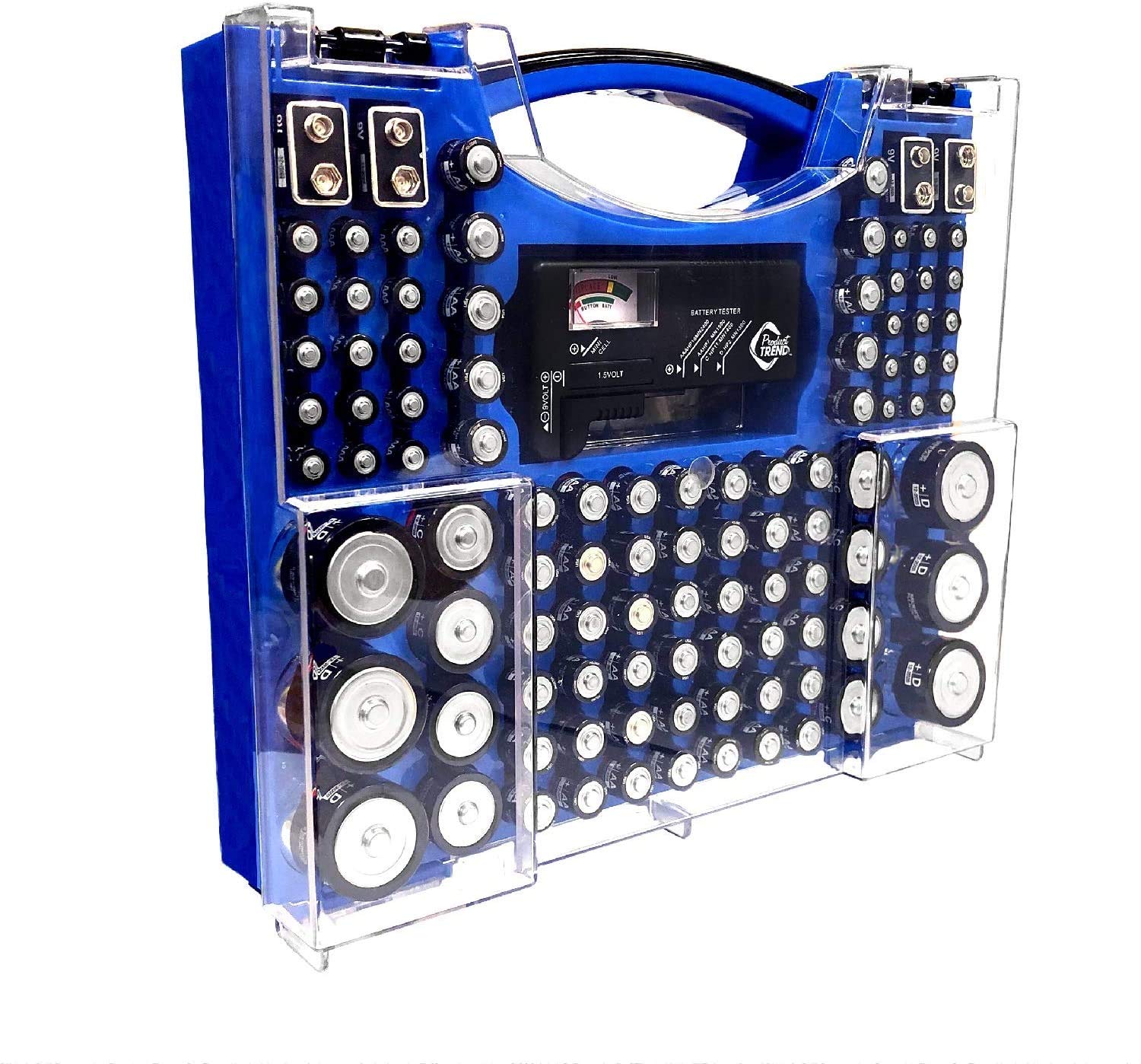 Battery Organizer and Tester Wall-Mounted Storage Case - Holds 100 AA AAA C 9V CR123 CR1632 Button Cell Batteries - Compact Battery Storage Solution for Home Office Garage Workshop (Blue)
