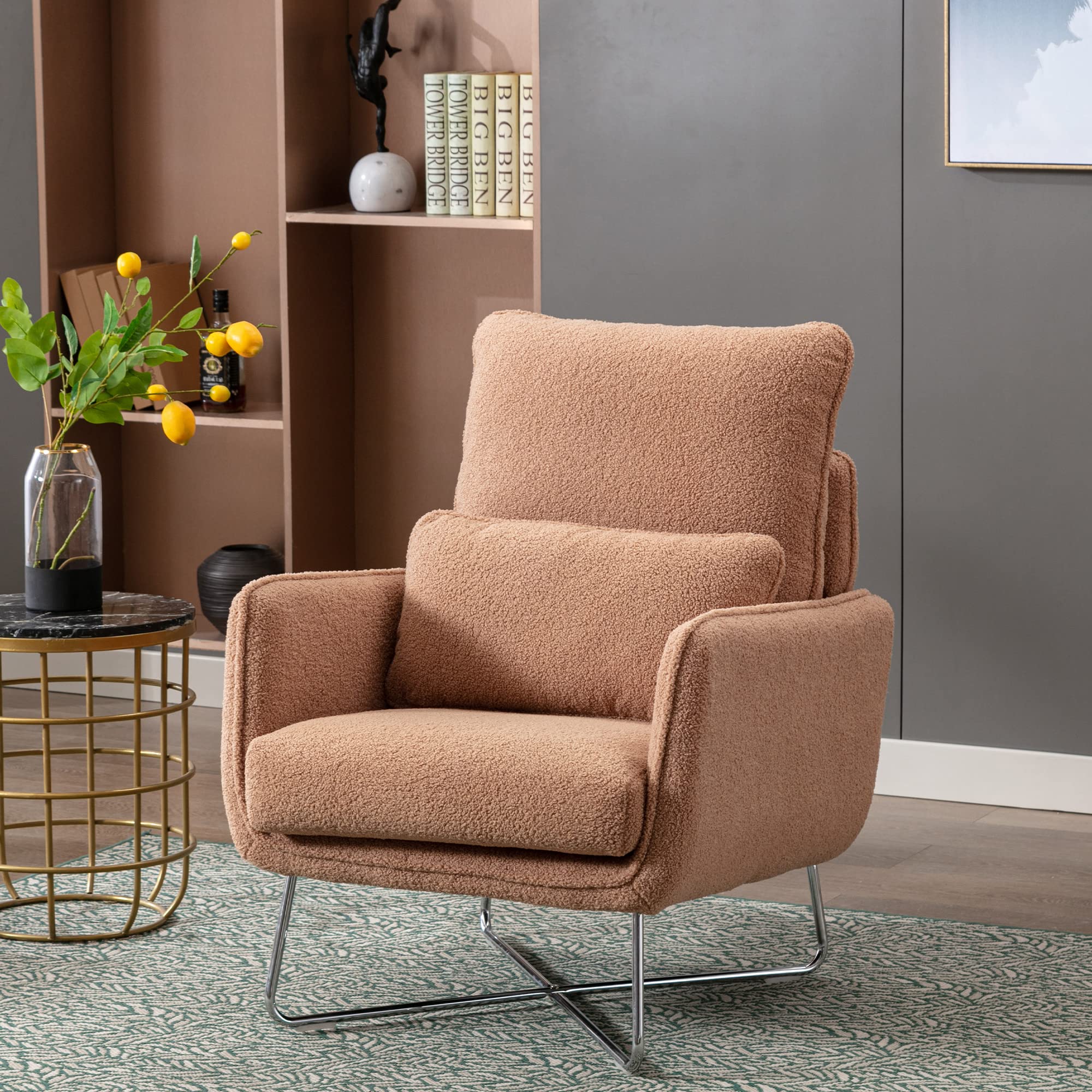 Modern Velvet Comfy Leisure Accent Chair - Soft Teddy Short Plush Particle Armchair with Lumbar Pillow & Cross Metal Legs for Living Room, Office, Bedroom (Espresso) | Perfect for Reading Nooks, Home Offices & Cozy Relaxation Spaces