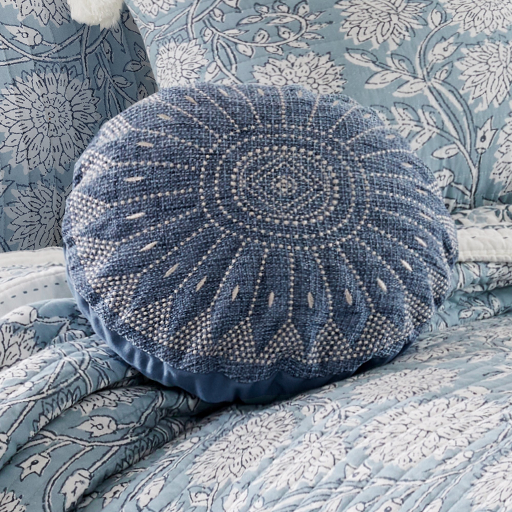 Adare Blue Round Decorative Throw Pillow - Soft & Stylish Cushion for Sofa, Bed, or Living Room Decor