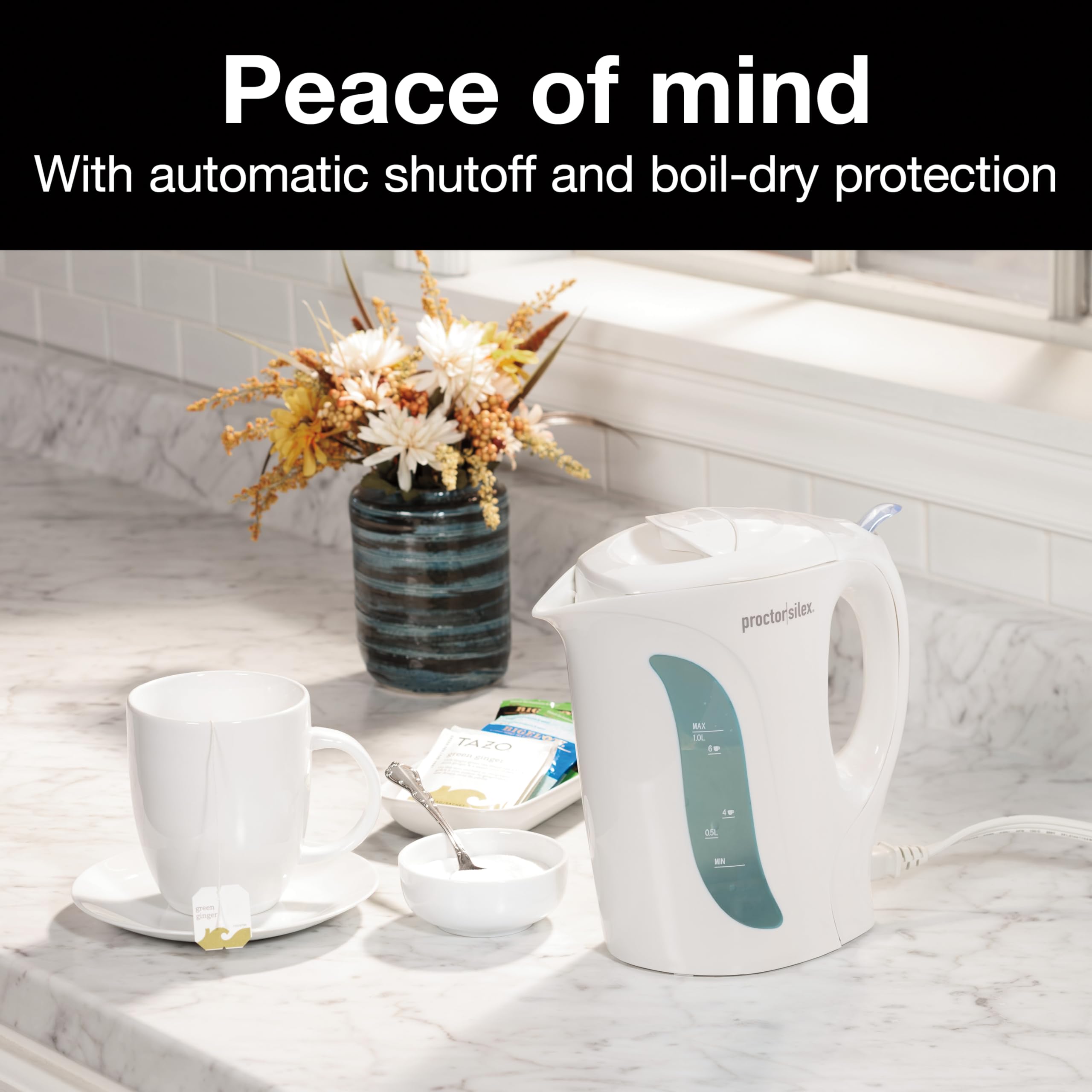 Proctor Silex 1L Electric Tea Kettle - 1000W Fast Boiling Water Heater with Auto Shut-Off & Boil-Dry Protection, White - Perfect for Home, Office, Dorm & Tea Lovers