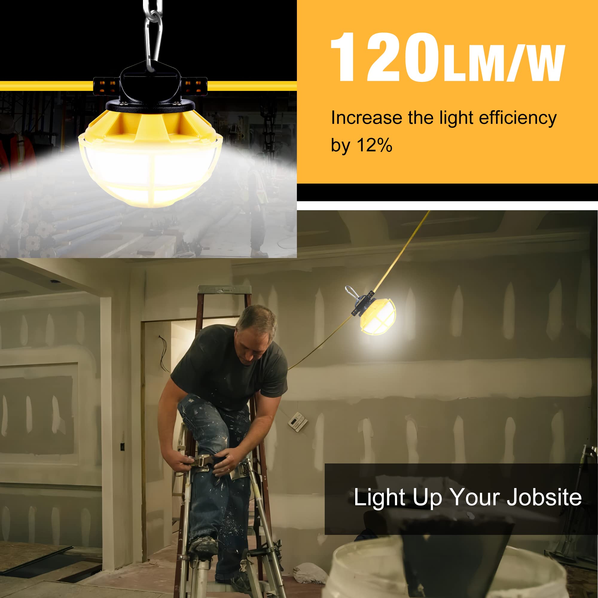 50FT Heavy Duty LED Construction String Lights with Protective Cage - IP65 Waterproof 5000K Daylight Work Lights, 18AWG Wire Linkable Temporary Lighting for Jobsite, Warehouse, Backyard & Outdoor Events (Includes 5 Bulbs & Hooks)