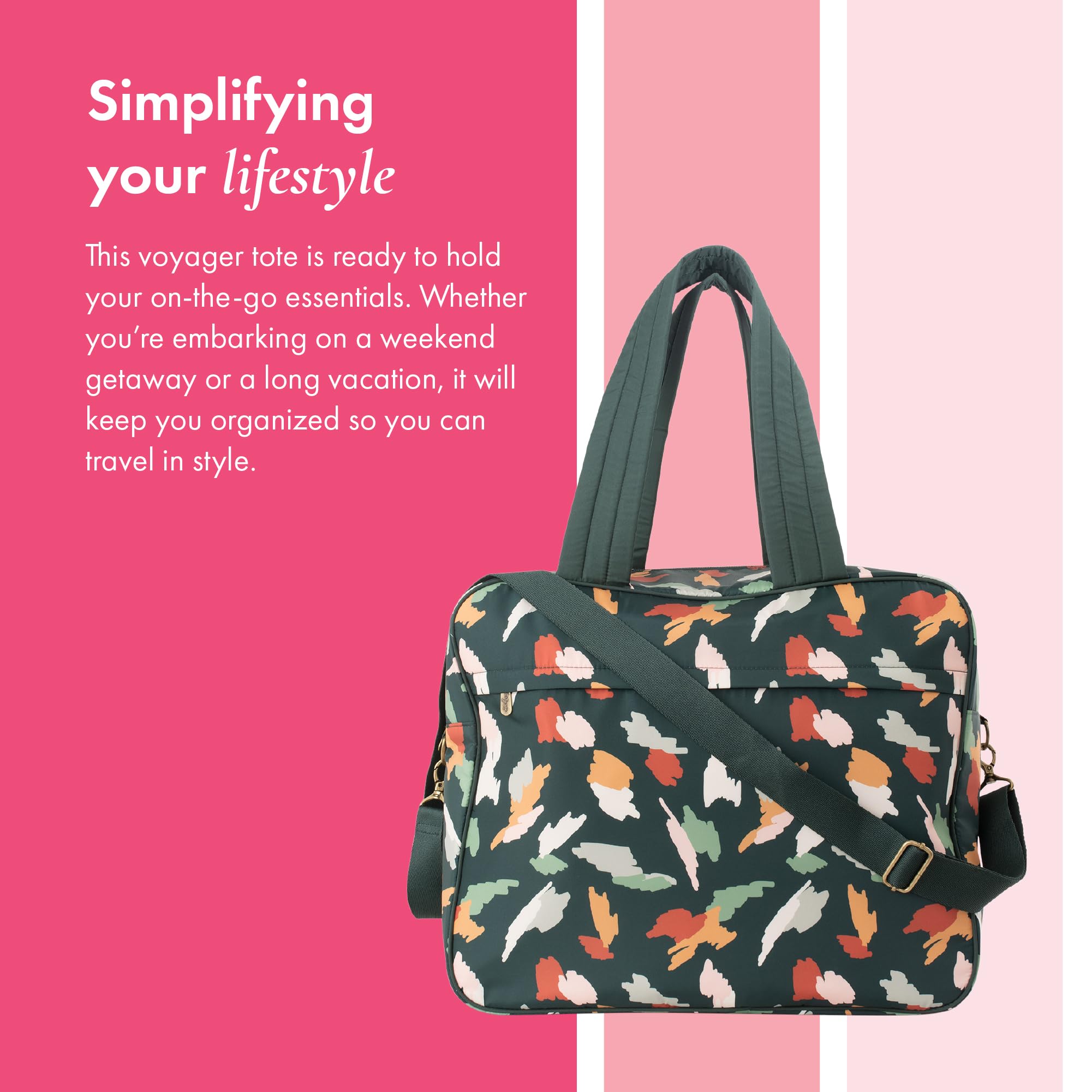 Thirty-One Gifts Voyager Travel Tote Bag - Multi-Pocket Organizer for Women, Work & Vacation - Durable Carryall with Handle & Adjustable Shoulder Strap - Shattered Abstract Print - Perfect for Business Trips, Gym & Weekend Getaways