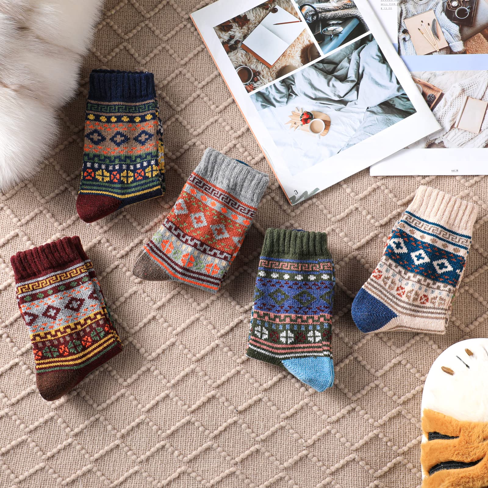 Soft Cozy Wool Socks for Women & Men - 5 Pairs Warm Knit Winter Socks | Perfect for Cold Weather, Hiking & Home Comfort