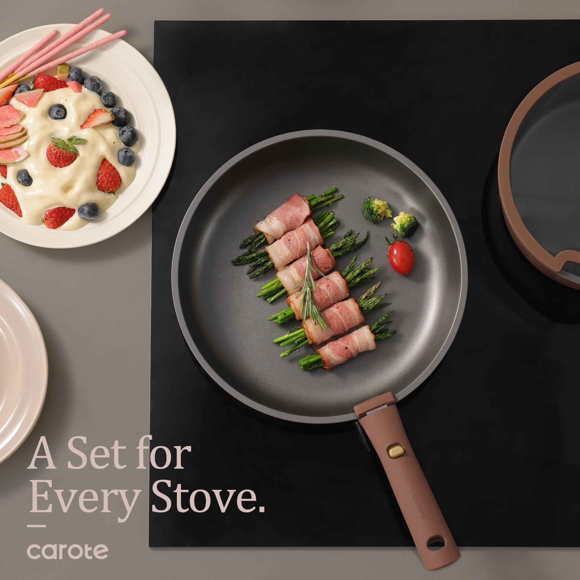 CAROTE 19-Piece Nonstick Cookware Set with Detachable Handles - Induction Compatible Pots and Pans Set for RV, Kitchen & Camping - Gold & Burgundy Color