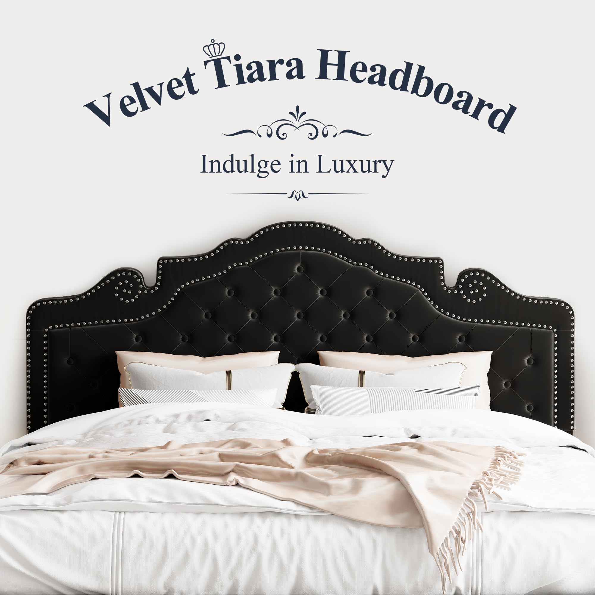 Allewie King Size Platform Bed Frame with Adjustable Velvet Tiara Headboard - Upholstered Diamond Button Tufted Design, Wood Slat Support, No Box Spring Needed - Easy Assembly Mattress Foundation in Black | Perfect for Master Bedrooms & Modern Home Decor