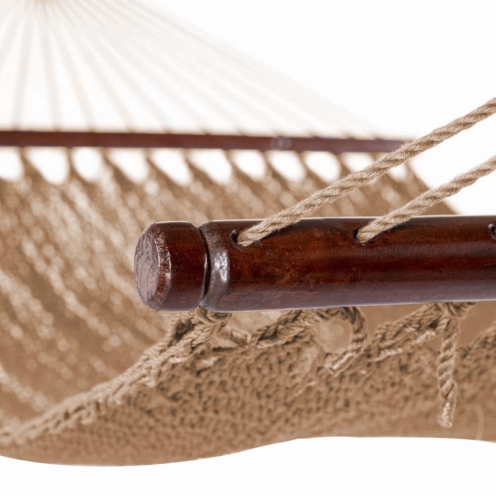 10.5 FT Double 2 Person Caribbean Rope Hammock - Hand Woven Polyester Outdoor Hammock with Spreader Bars - 450 LBS Capacity Tan - Perfect for Backyard, Patio, Poolside & Beach Relaxation