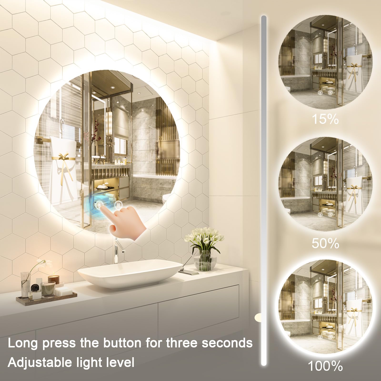 24 Inch LED Bathroom Mirror with Backlit Vanity Lights - Smart Dimmable Touch Control, 3 Color Temperature Modes, Shatter-Proof Round Design for Modern Bathrooms & Dressing Rooms