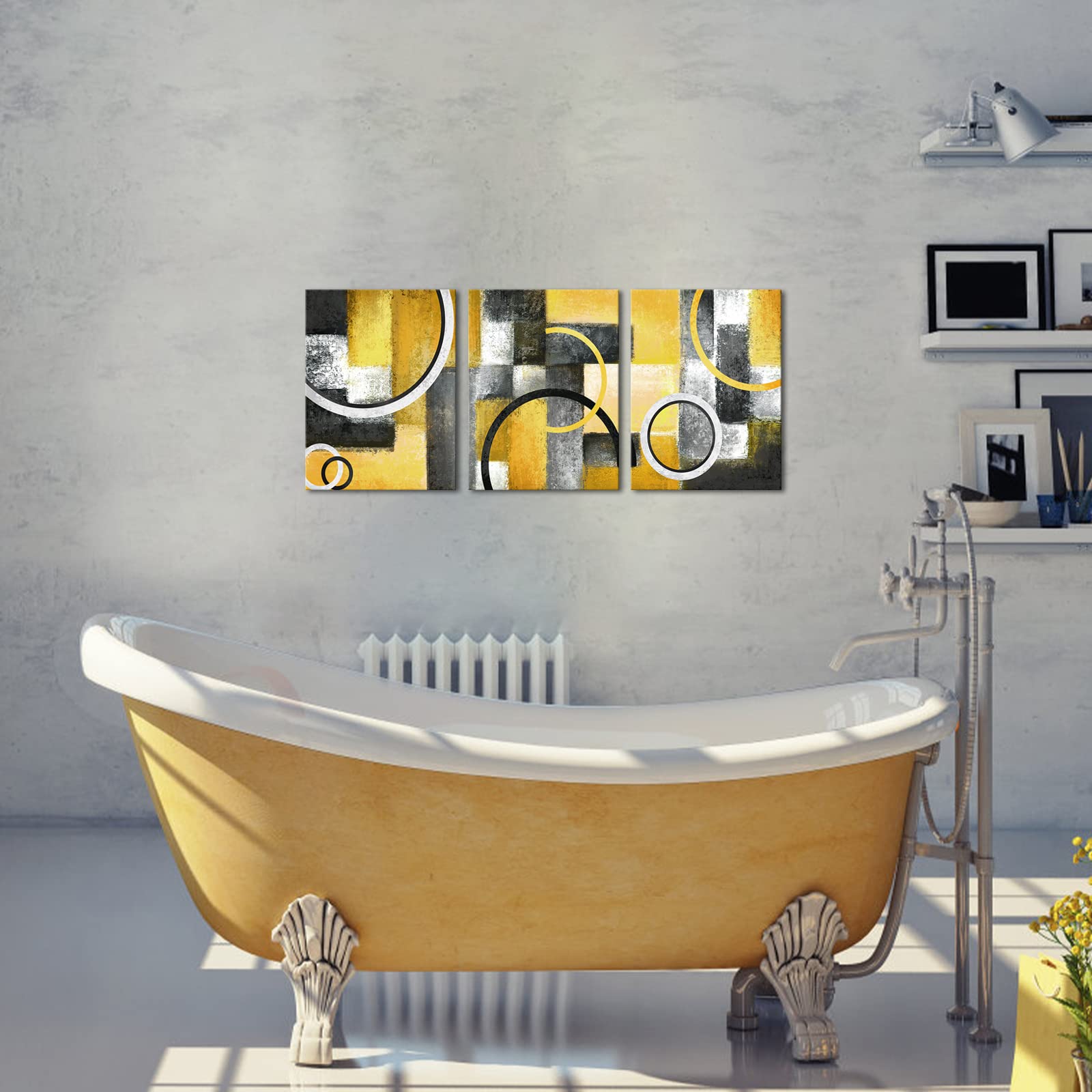 Abstract Geometric Circle Canvas Wall Art - Yellow & Grey for Living Room & Bedroom Decor