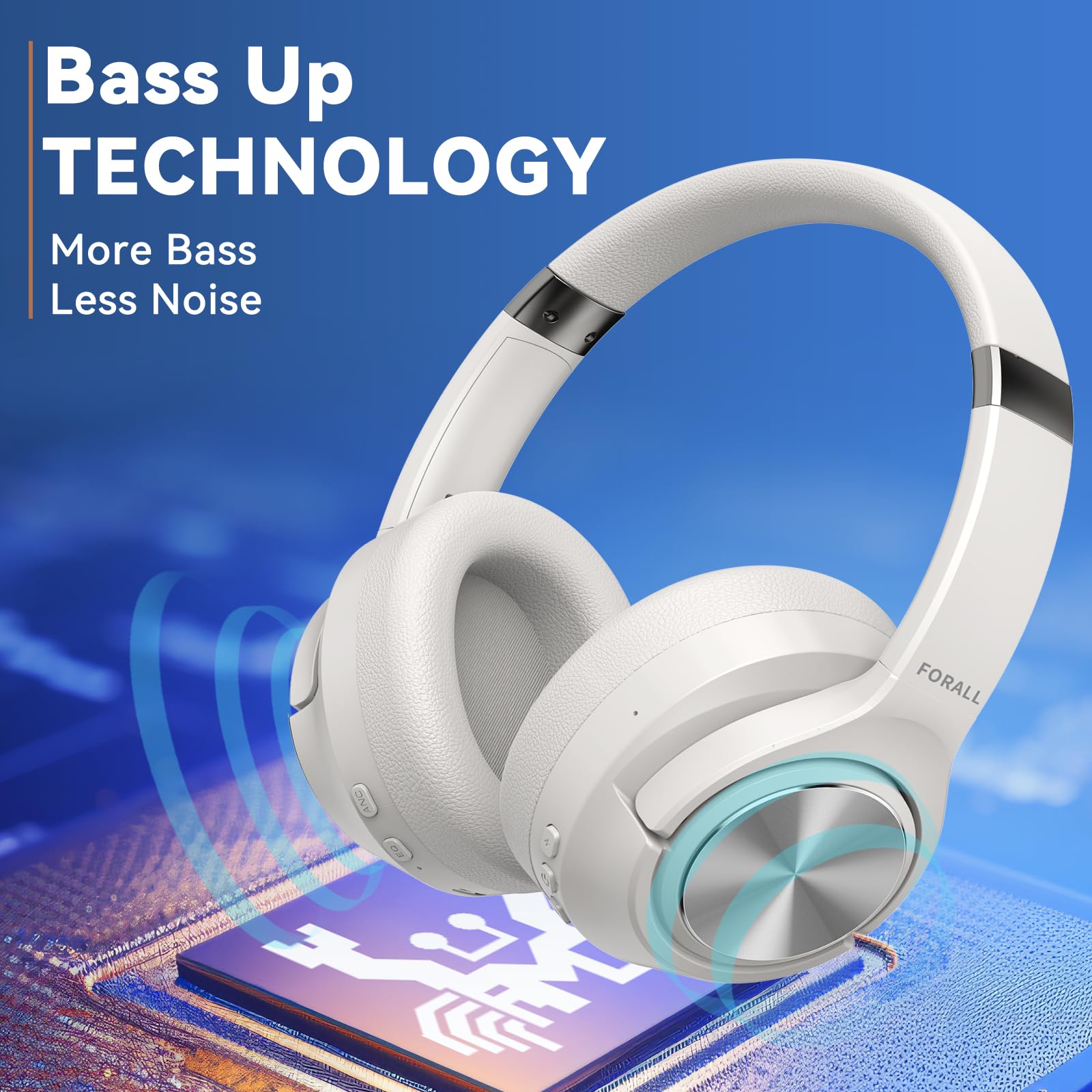 FORALL Hybrid Active Noise Cancelling Wireless Over-Ear Bluetooth Headphones - 60H Playtime, Hi-Res Audio, 3 EQ Modes, Deep Bass - Perfect for Travel, Home Office, Commuting & Gaming (White)