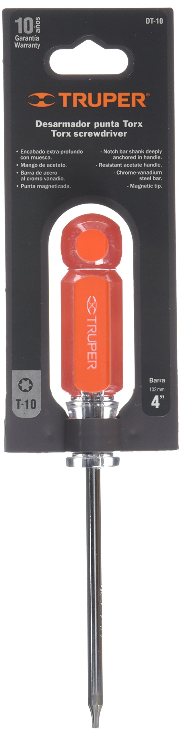 Truper 15101 DT-10 T10 Torx Screwdriver with Comfortable Acetate Handle - Perfect for Electronics, Automotive & DIY Home Repairs