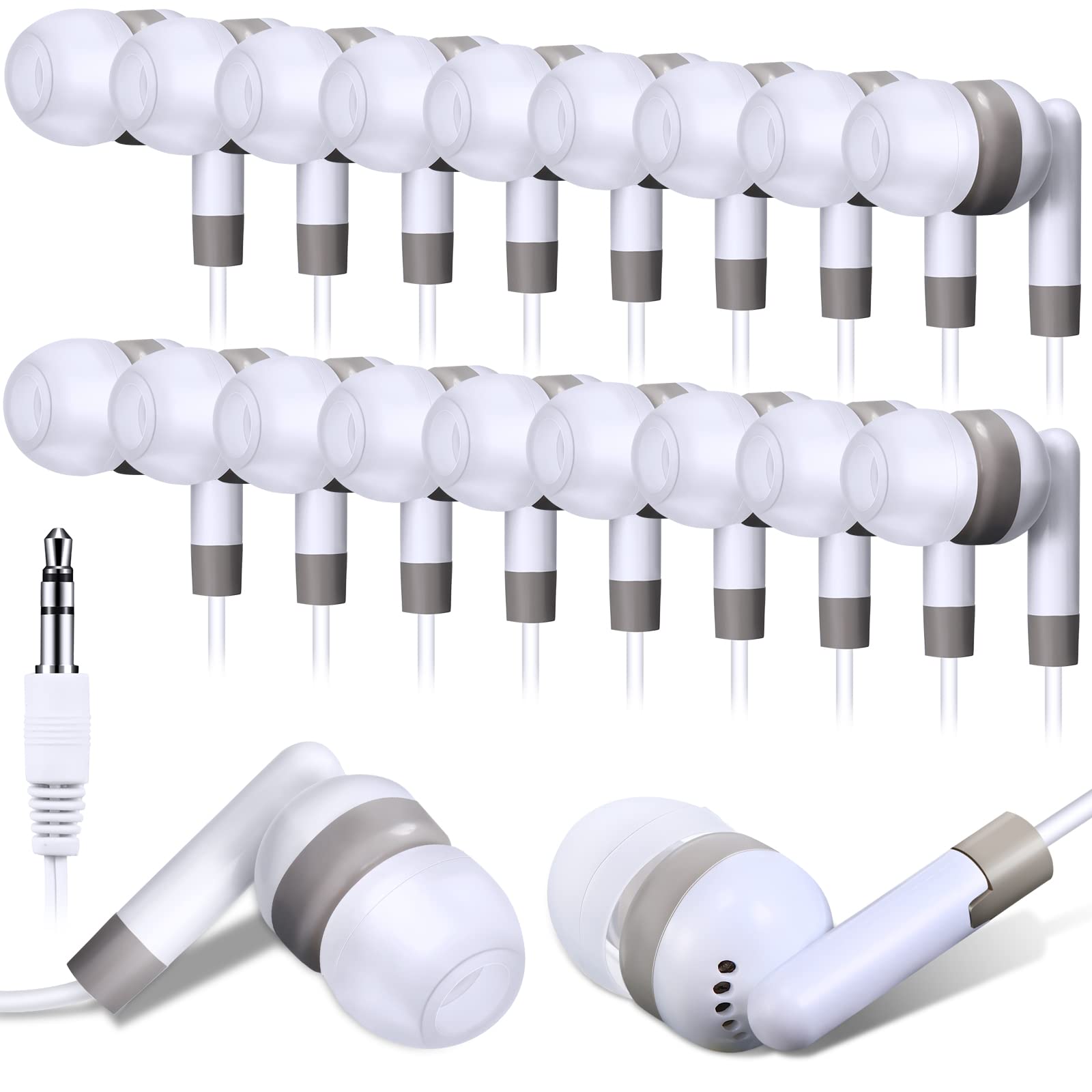 Konohan 100 Pack Bulk White Earbuds - 3.5mm In-Ear Headphones for Students, Classroom, School & Library Use - Individually Bagged Basic Headset for Kids, Laptops & Learning Devices | Perfect for Online Classes, Study Sessions & Educational Activities