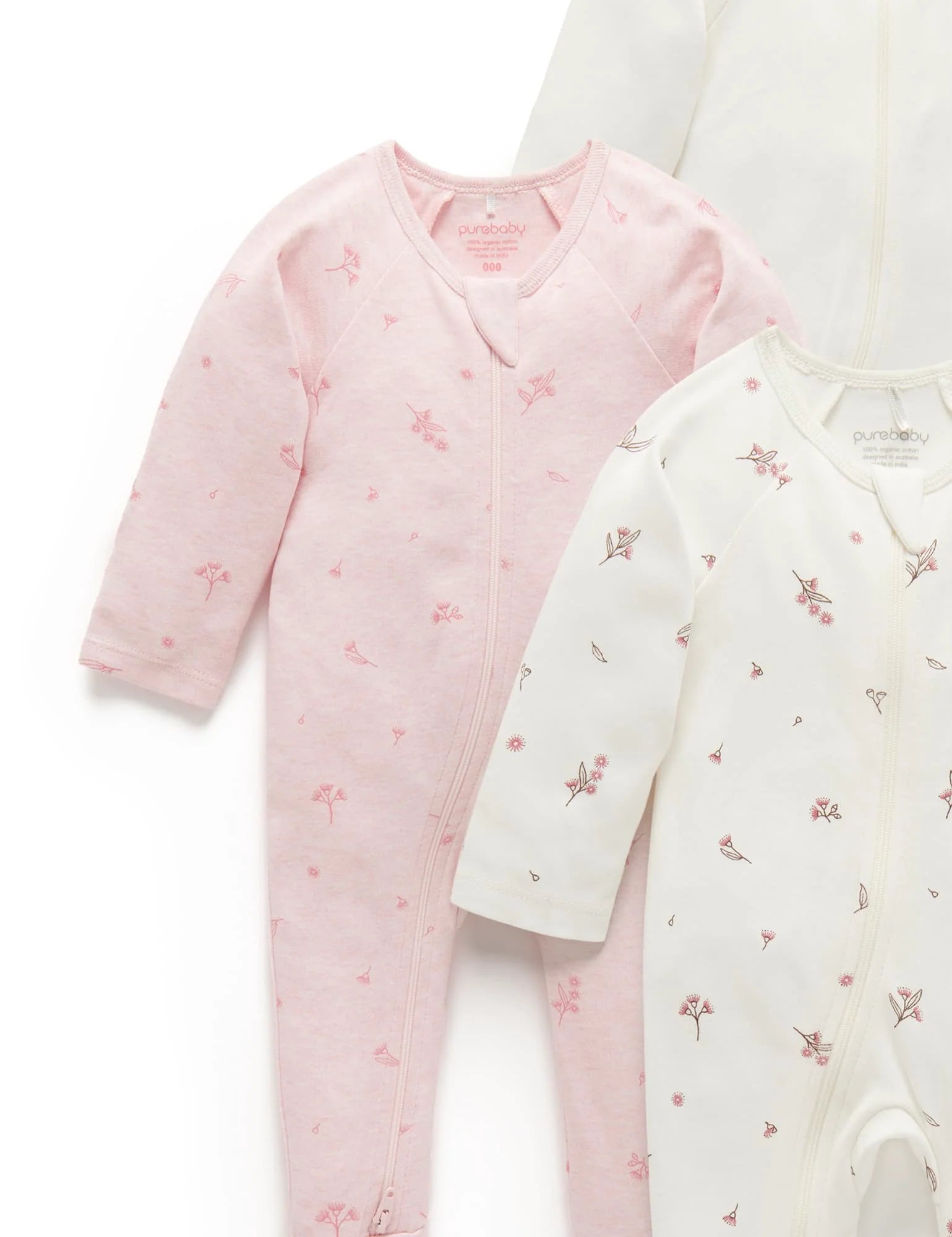 Purebaby Organic Cotton Zip Growsuit 4-Pack - Vanilla Blossom | Soft Baby Sleepwear for Newborns & Infants | Perfect for Daycare, Playtime & Nighttime Comfort