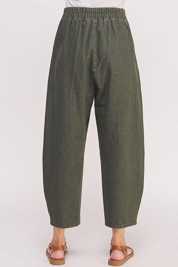 Olive Wash Barrel Leg Trousers for Women - High Waisted Wide Leg Pants | Comfortable Stretch Fabric | Perfect for Casual Wear, Office & Travel