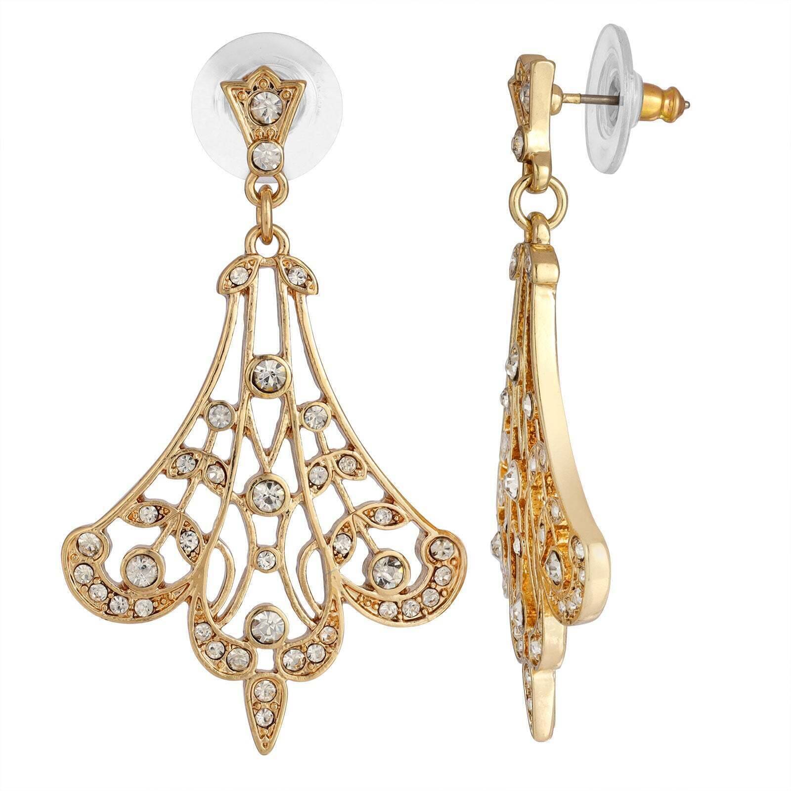 1928 Vintage Crystal Fan Filigree Drop Earrings - Elegant Dangle Earrings for Women, Perfect for Weddings, Parties & Special Occasions