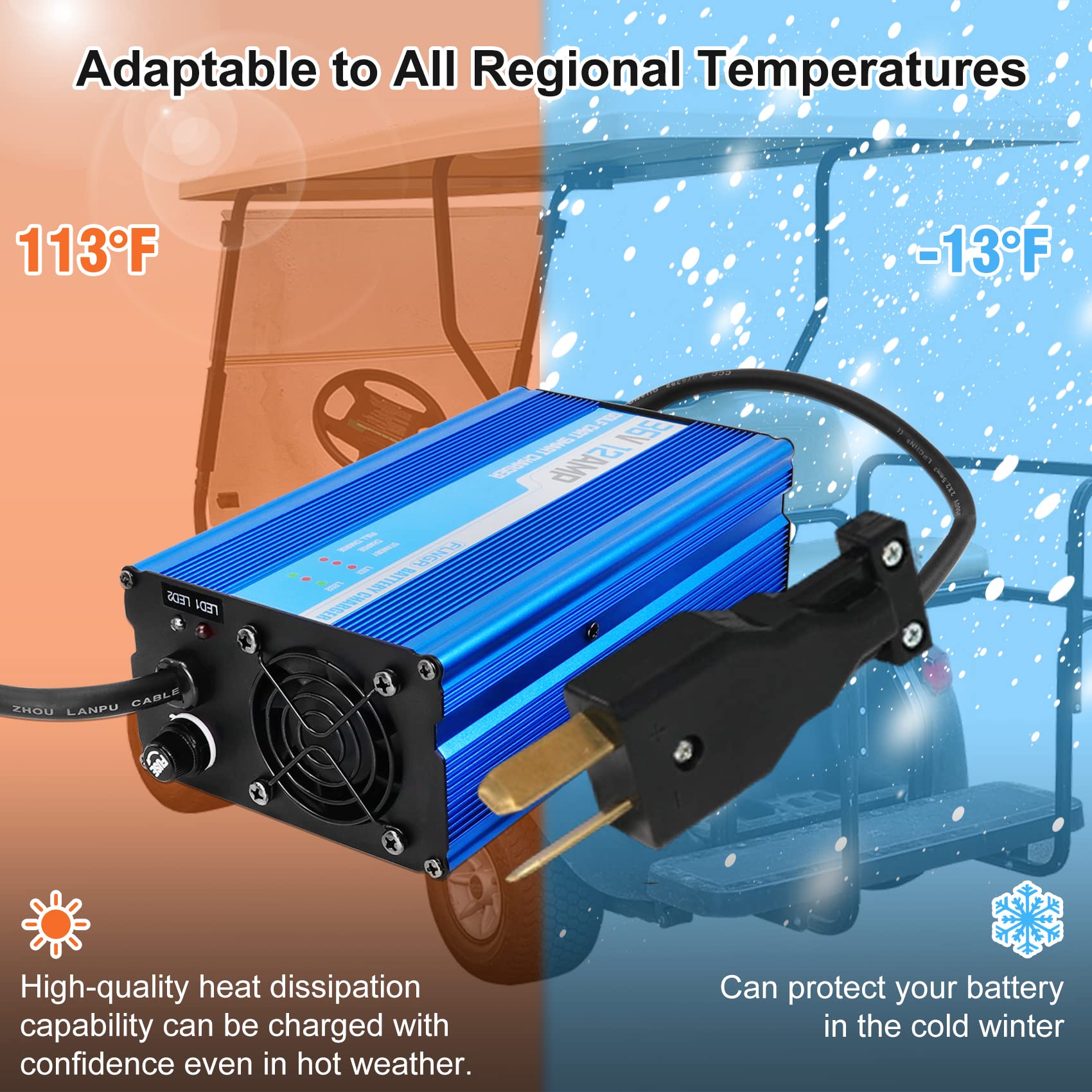 36V 12A Smart Golf Cart Battery Charger for Yamaha EZGO Club Car - Lead-Acid Battery Charger with Trickle Charge & Crowfoot Plug - Perfect for Home, Golf Course, and RV Use