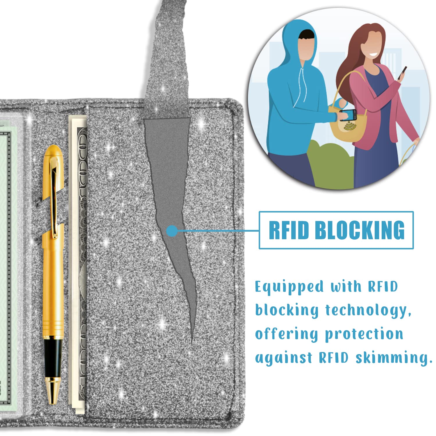 Sanlykate RFID Blocking Glitter Checkbook Cover for Women - PU Leather Standard Checkbook Case with Pen Holder & Free Divider (Silver) - Perfect for Everyday Banking, Bill Payments & Financial Organization