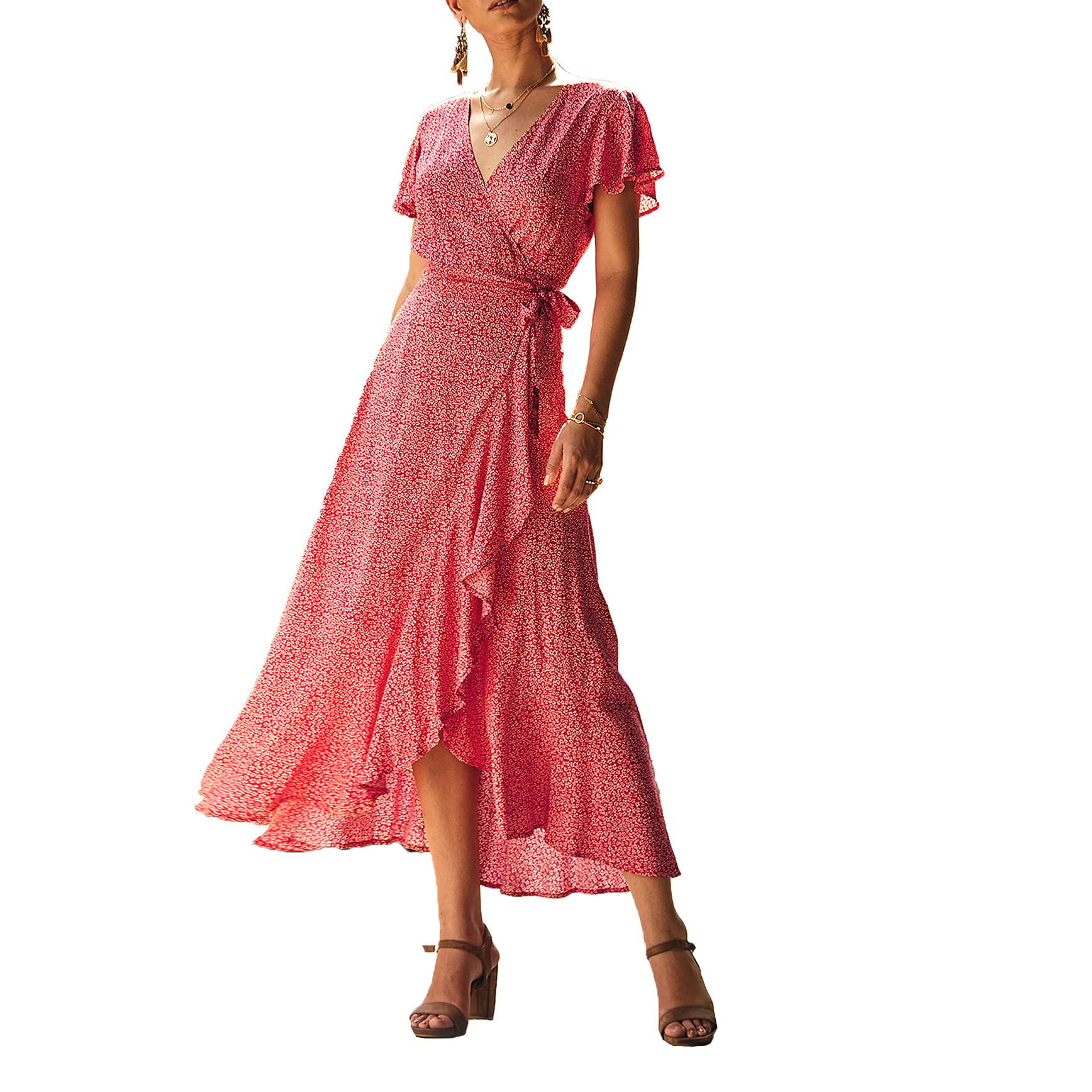 Floral Polka Dot Women's Summer Dress - V-Neck Short Sleeve Midi Dress with Belt | Perfect for Beach Vacations, Garden Parties & Casual Outings
