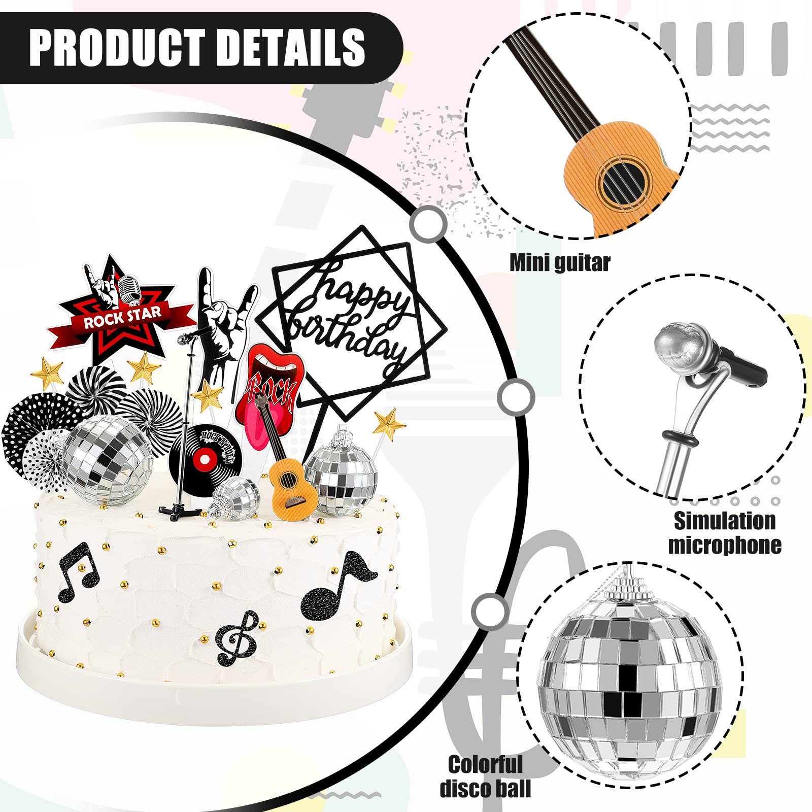 28-Piece Rock and Roll Cake Topper Set - Guitar, Microphone, Music Note & Disco Ball Cupcake Toppers for Musical Birthday Party Decorations | Perfect for Rock Theme Cakes, Cupcakes, and Dessert Tables