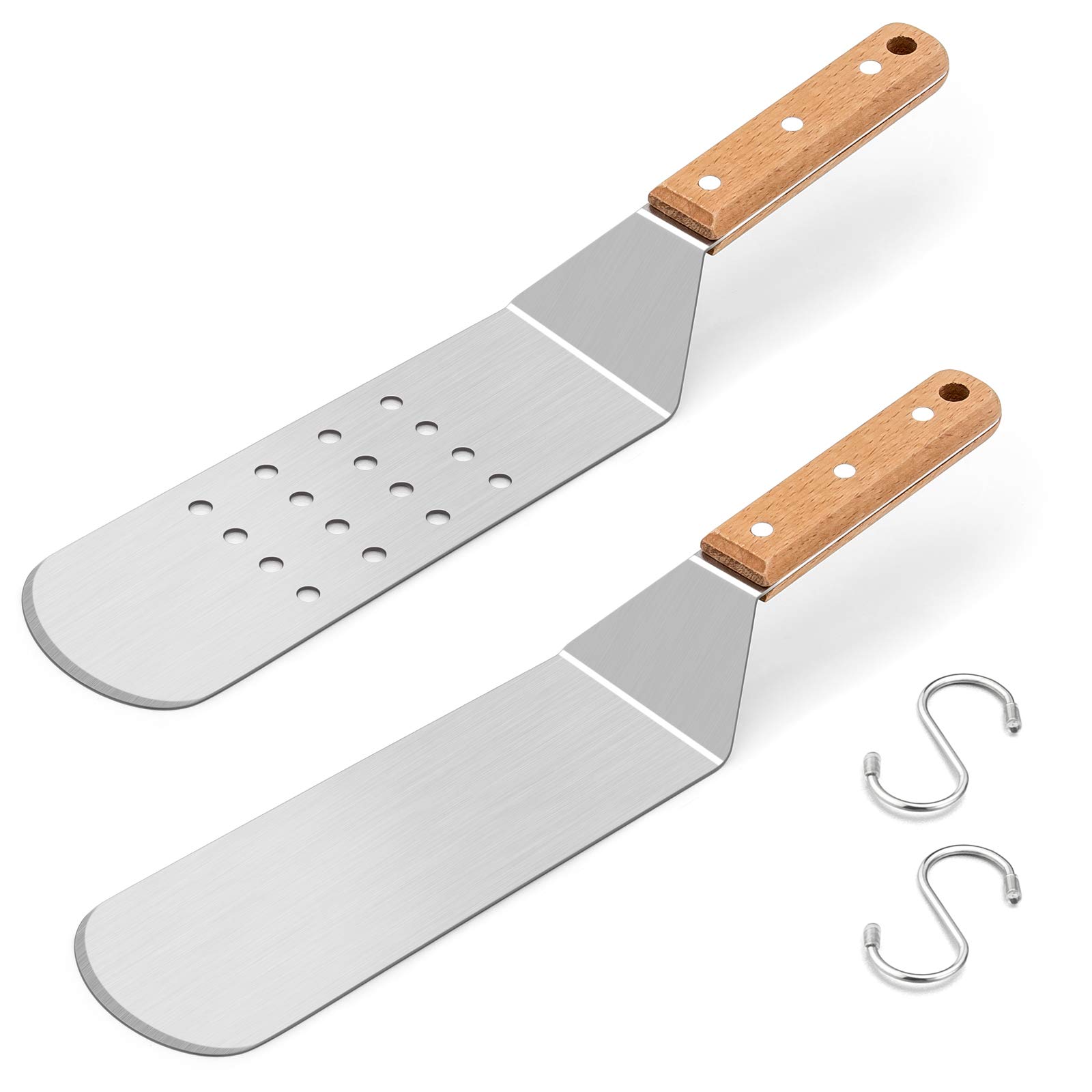 Premium Stainless Steel Spatula Set with Wooden Handle - Heavy Duty BBQ & Griddle Tools for Pancakes, Burgers, Teppanyaki - Indoor & Outdoor Cooking Essentials for Grilling, Camping, Backyard BBQs