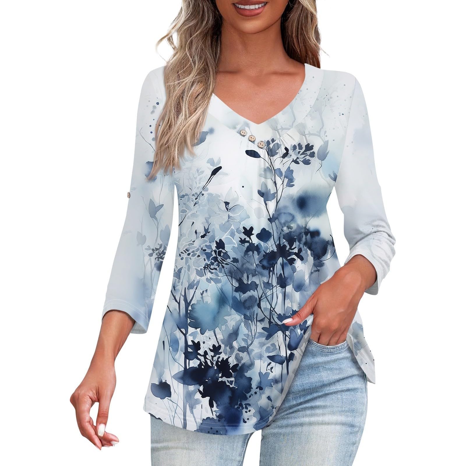 Women's Cotton V-Neck 3/4 Sleeve T-Shirts - Summer Casual Blouse & Dressy Basic Tee for Everyday Wear | Office, Outing & Vacation Outfits