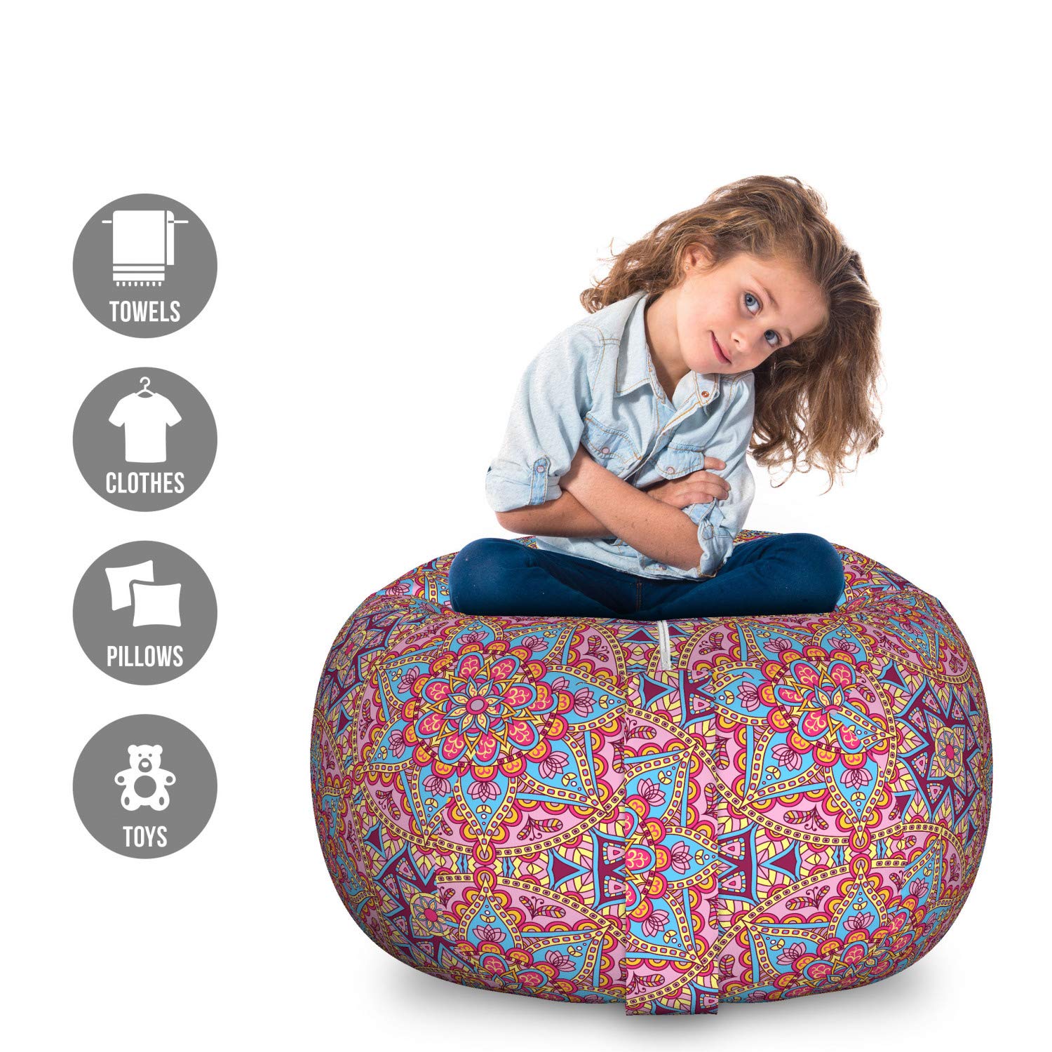 Ambesonne Purple Mandala Toy Storage Bag Chair - Large Washable Stuffed Animal Organizer with Hippie Style Moroccan Motif for Kids' Room, Playroom & Nursery Decor