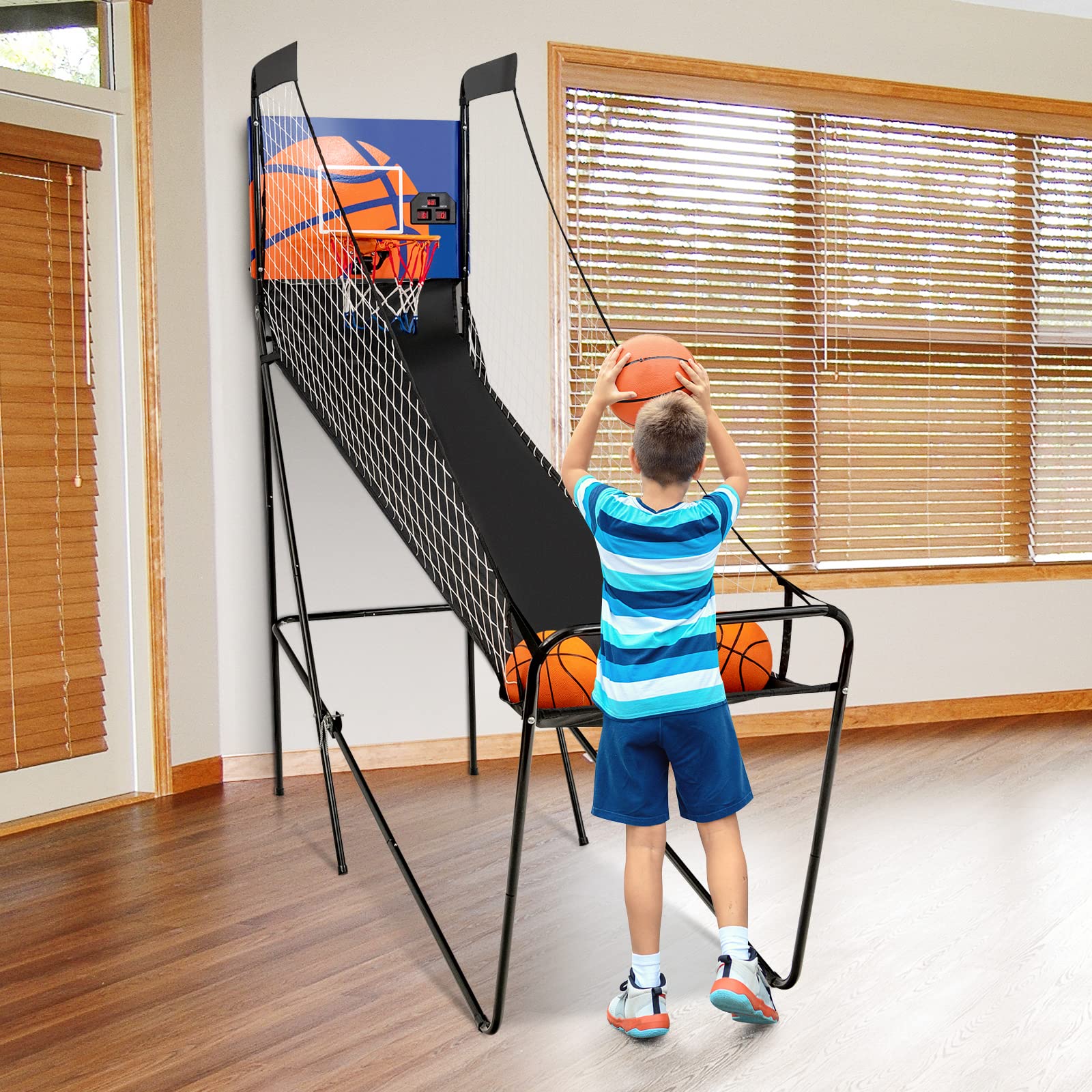 GYMAX Electronic Basketball Game with LED Scoreboard - Indoor Basketball Arcade Game for Kids & Adults, Includes 3 Basketballs & Air Pump, Foldable Design for Easy Storage - Perfect for Home Entertainment, Birthday Parties, and Office Break Rooms