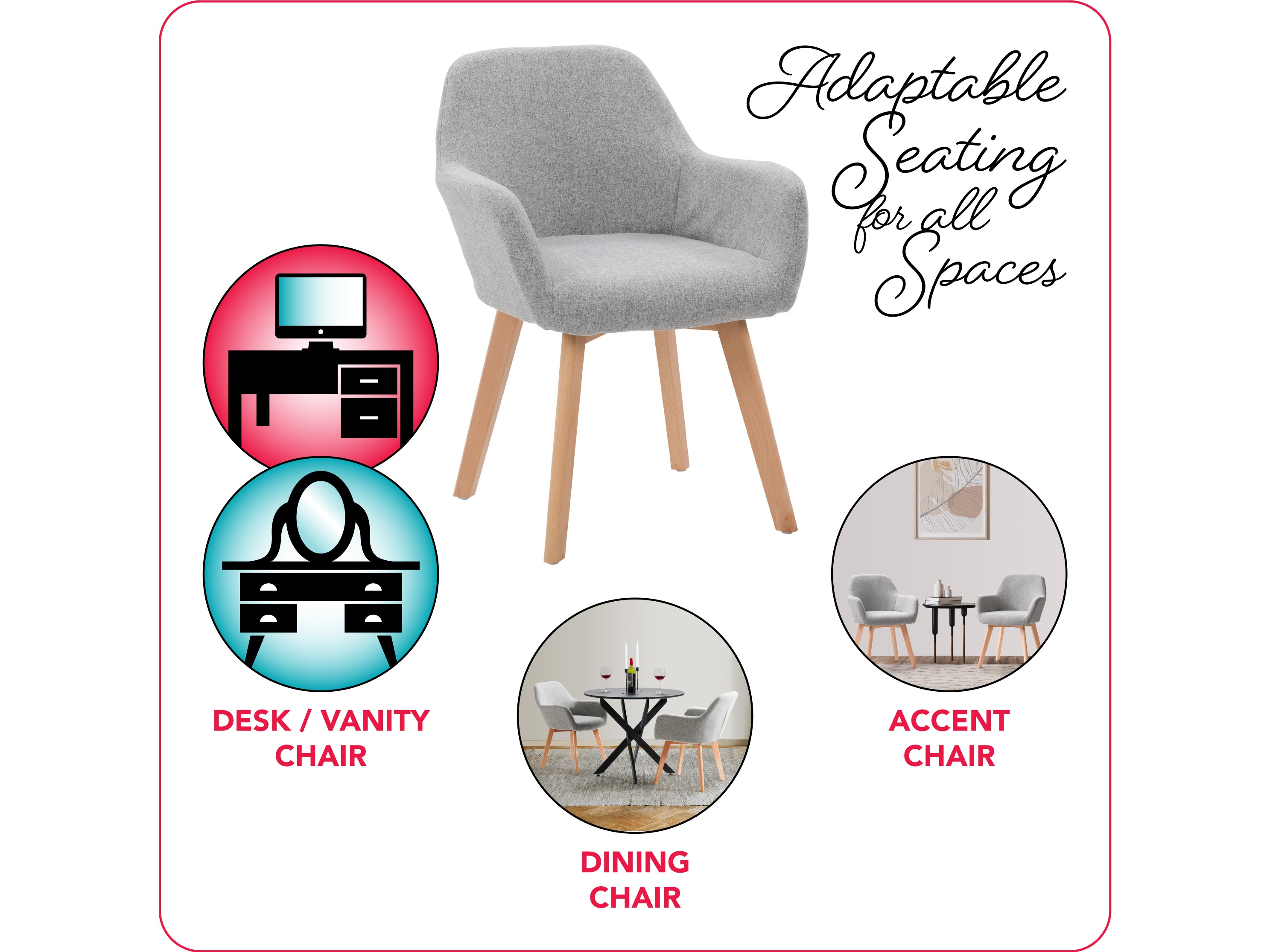 Modern Light Grey Dining Chairs Set of 2 - Upholstered Kitchen Chairs with Wooden Legs for Dining Room, Breakfast Nook & Small Spaces