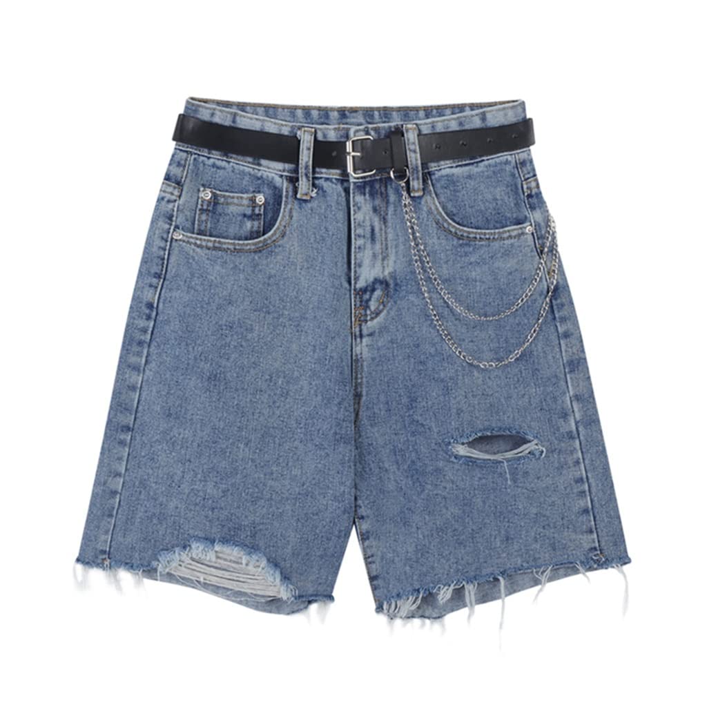 Women's High Waist Ripped Denim Shorts - Knee Length Washed Blue Wide Leg Jeans with Sashes | Summer Casual Outfit | Perfect for Beach, Music Festivals & Street Style (Color: Blue, Size: S)