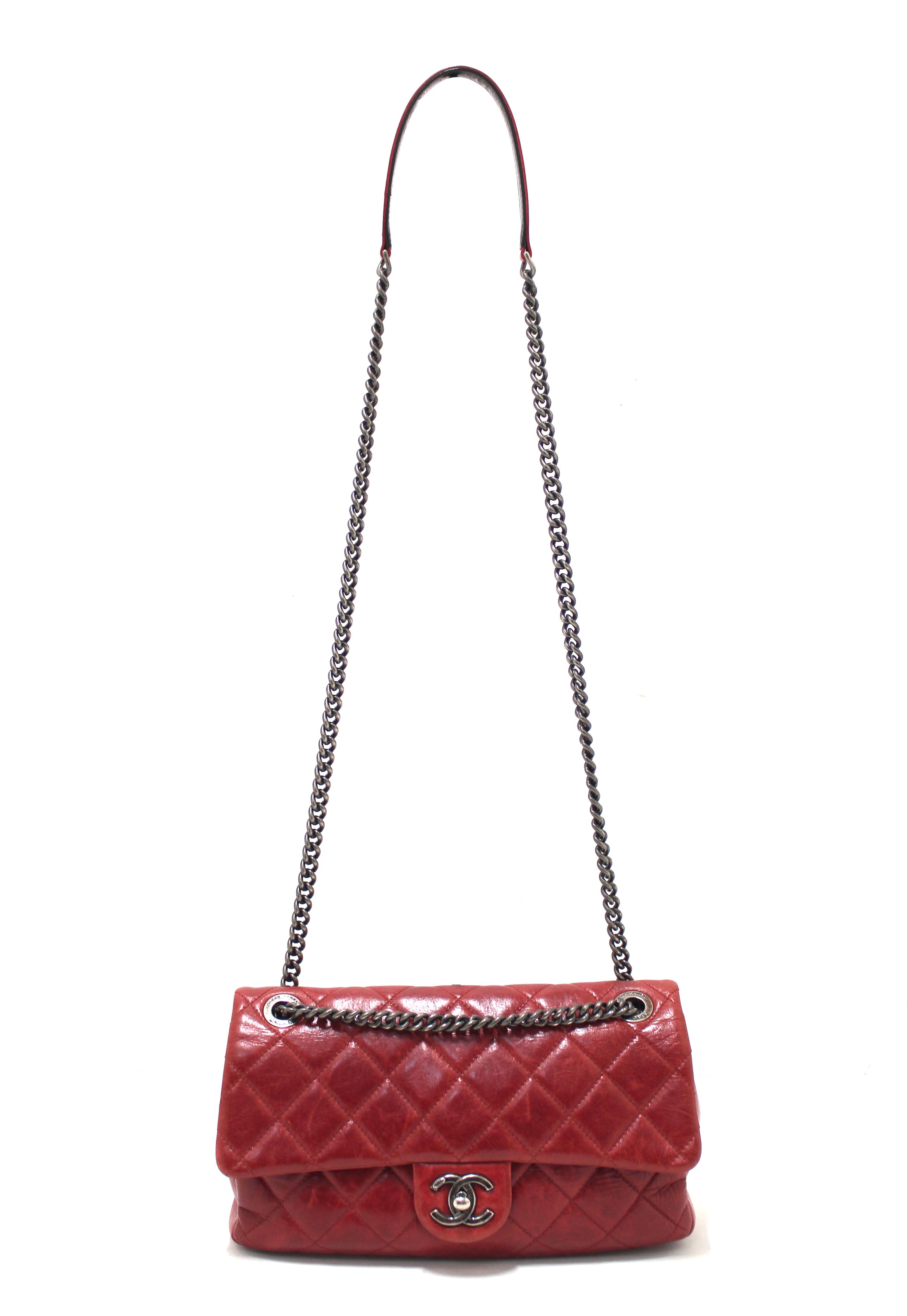 Chanel Red Aged Calfskin Leather Quilted Medium Easy Flap Shoulder Bag for Women | Luxury Designer Handbag for Evening Parties, Date Nights & Special Occasions