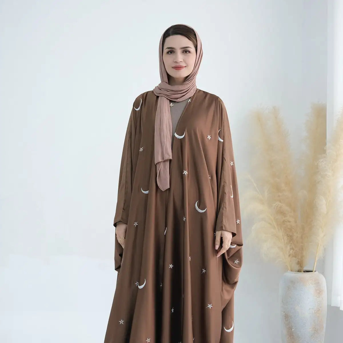 Elegant Muslim Women's Satin Moon Embroidery Cardigan Open Farasha Abaya Dress - Perfect for Eid, Wedding & Special Occasions
