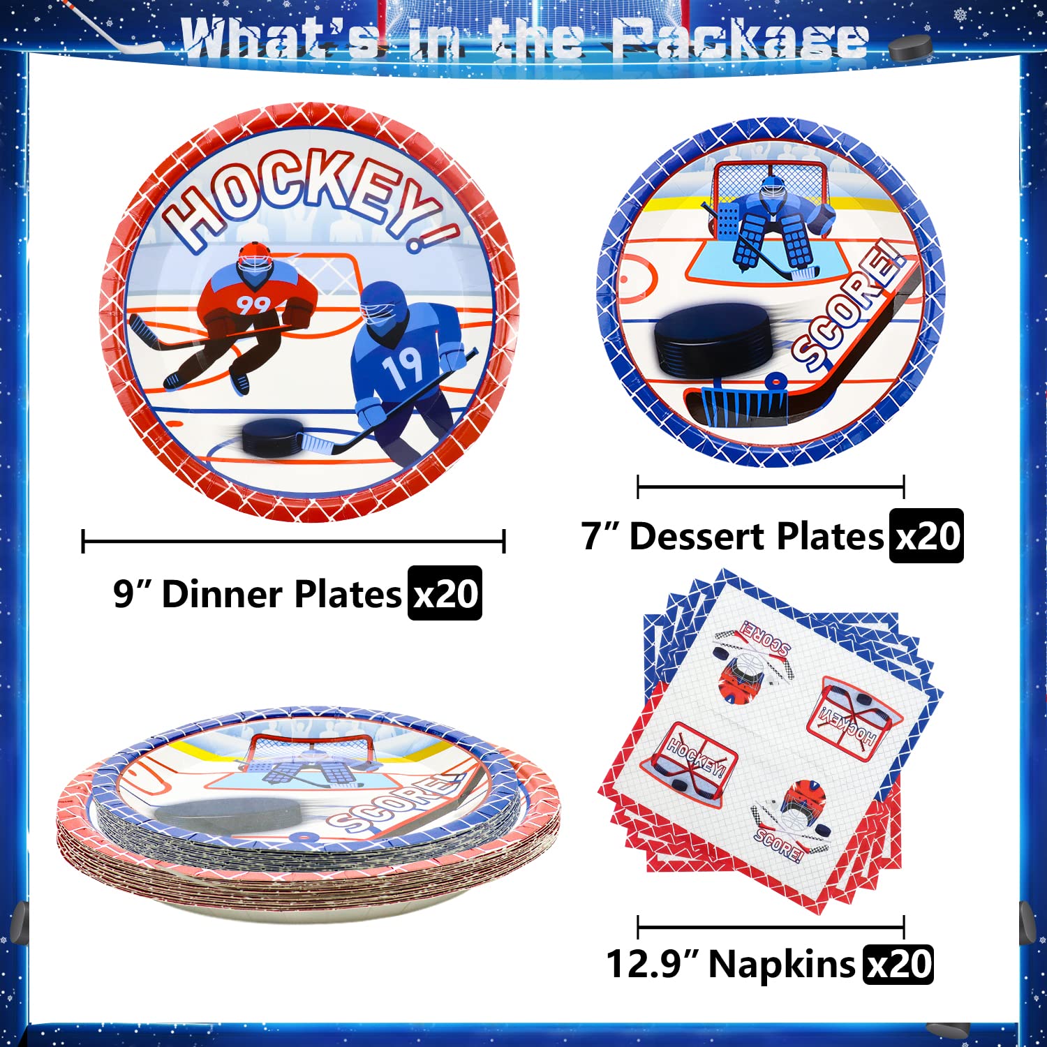 Hockey Party Supplies 61 Pcs - Plates, Napkins, Tablecloth Set for Kids Birthday & Game Day Celebration - Serves 20 Guests - Perfect for Hockey Themed Parties, Sports Events & Fan Gatherings