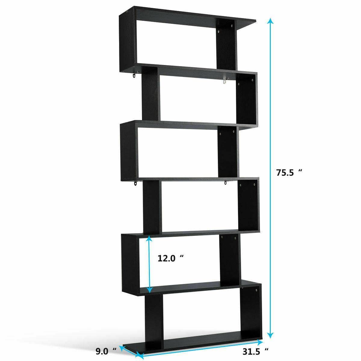 6 Tier S-Shaped Bookcase - Modern Z-Shelf Storage Display for Books, Magazines & Closet Organization - Black | Perfect for Living Room, Bedroom & Office Storage Solutions