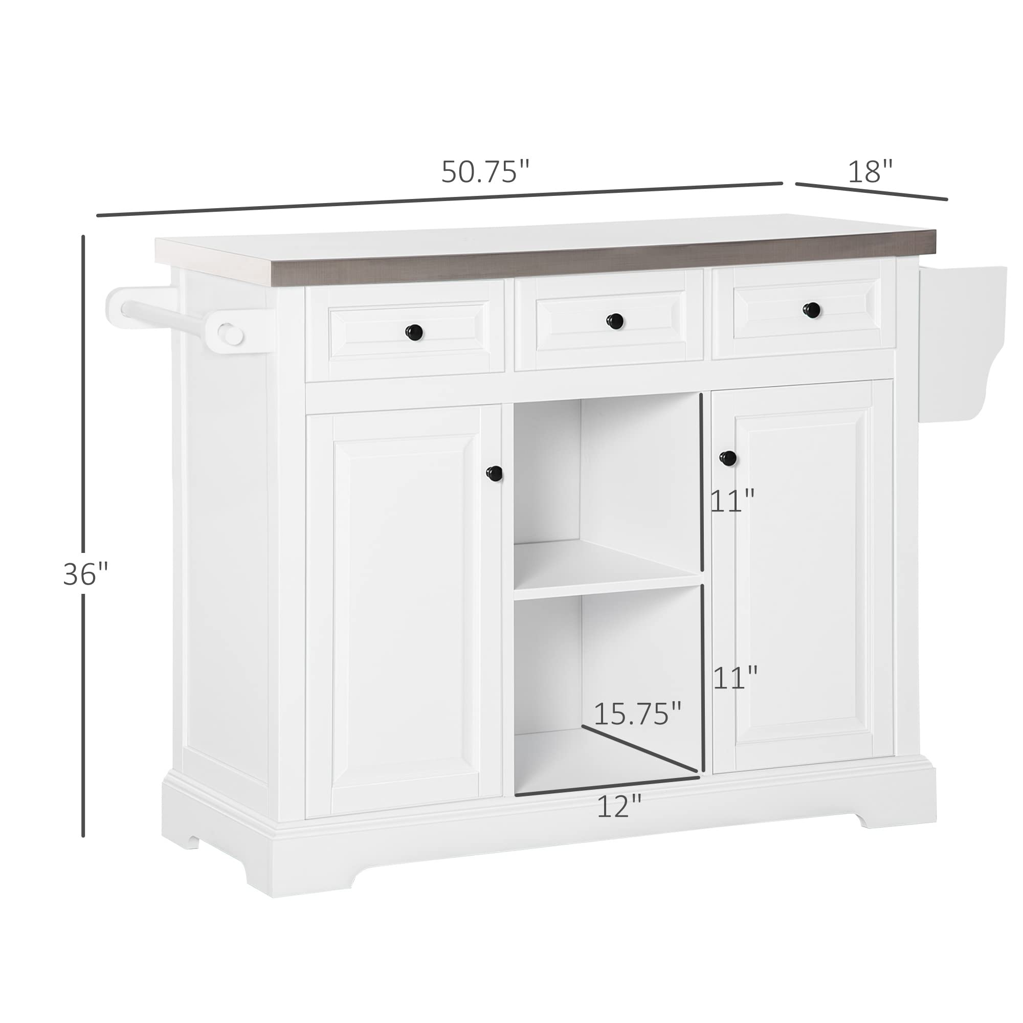 HOMCOM White Rolling Kitchen Island with Storage - Stainless Steel Top, Spice Rack & Drawers - Mobile Kitchen Cart for Small Spaces, Apartment Cooking & Extra Counter Space