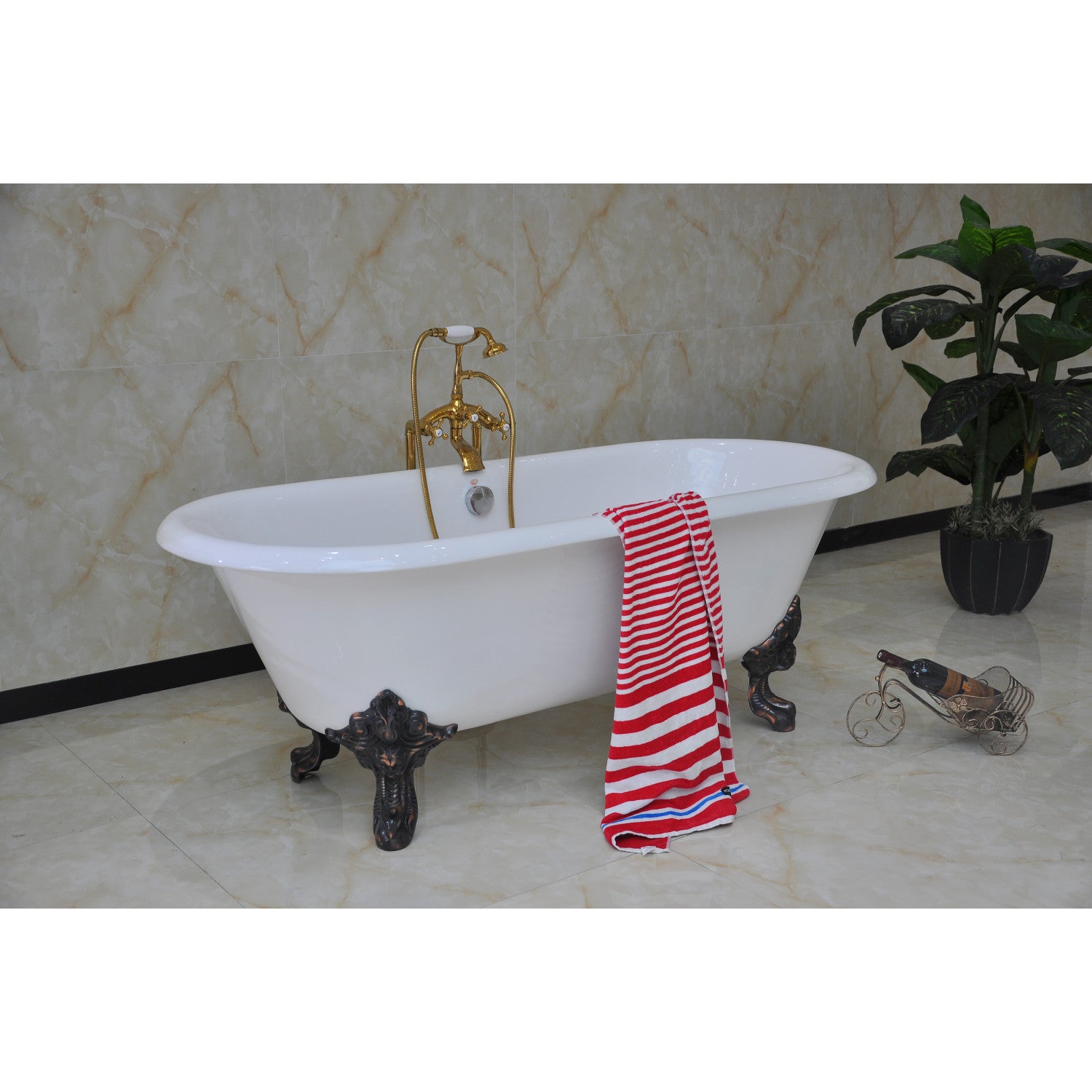 72 Inch White Cast Iron Clawfoot Bathtub - Oil Rubbed Bronze Oval Double Ended Freestanding Tub (No Faucet Holes) for Vintage Bathroom & Luxury Spa Retreat