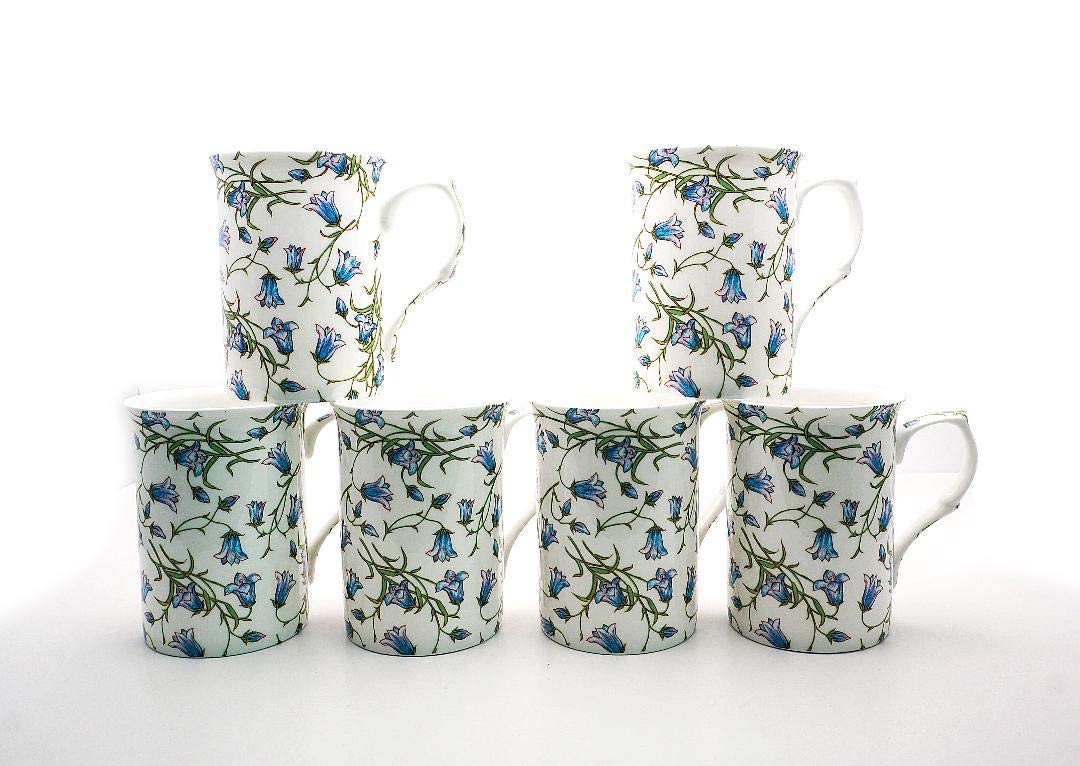 Premium Bone China Bluebell Tea Mugs Set of 6 - Elegant Floral Design, Dishwasher Safe - Perfect for Afternoon Tea, Gifts & Home Decor (Free UK Delivery)