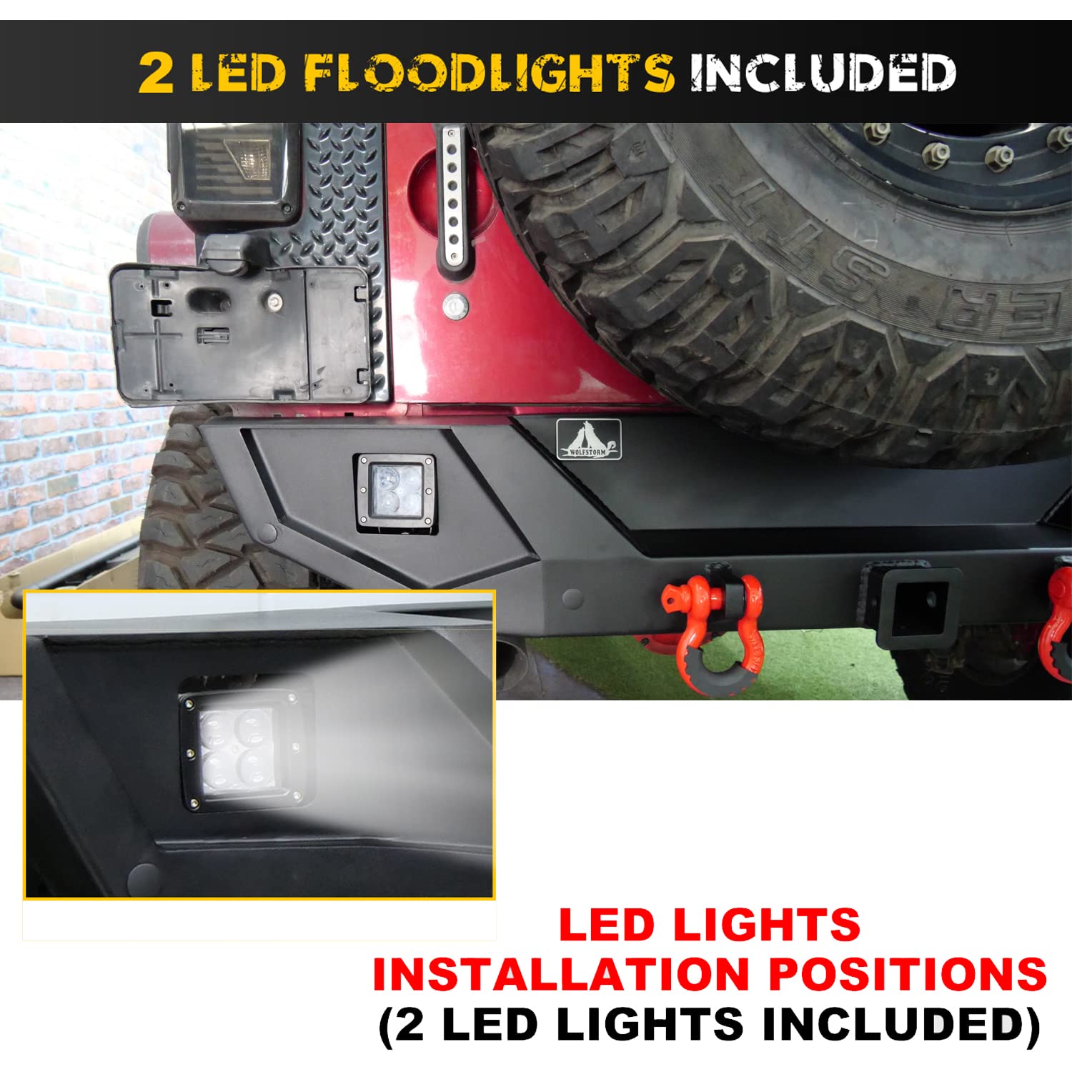 HAWKLEY Heavy Duty Rock Crawler Rear Bumper for 2007-2018 Jeep Wrangler JK & JKU (2/4 Door) - Off-Road Bumper with Hitch Receiver, 2x LED Lights & D-Ring Mounts | Perfect for Trail Riding, Rock Crawling & Overland Adventures