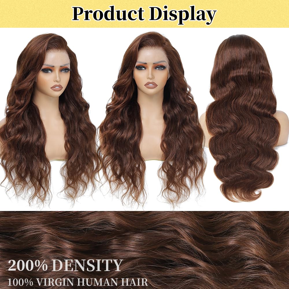 200 Density Chocolate Brown 30 Inch 13x6 HD Lace Front Human Hair Wig - Glueless Body Wave with Pre-Plucked Natural Hairline for Women | Perfect for Daily Wear, Cosplay, and Special Occasions