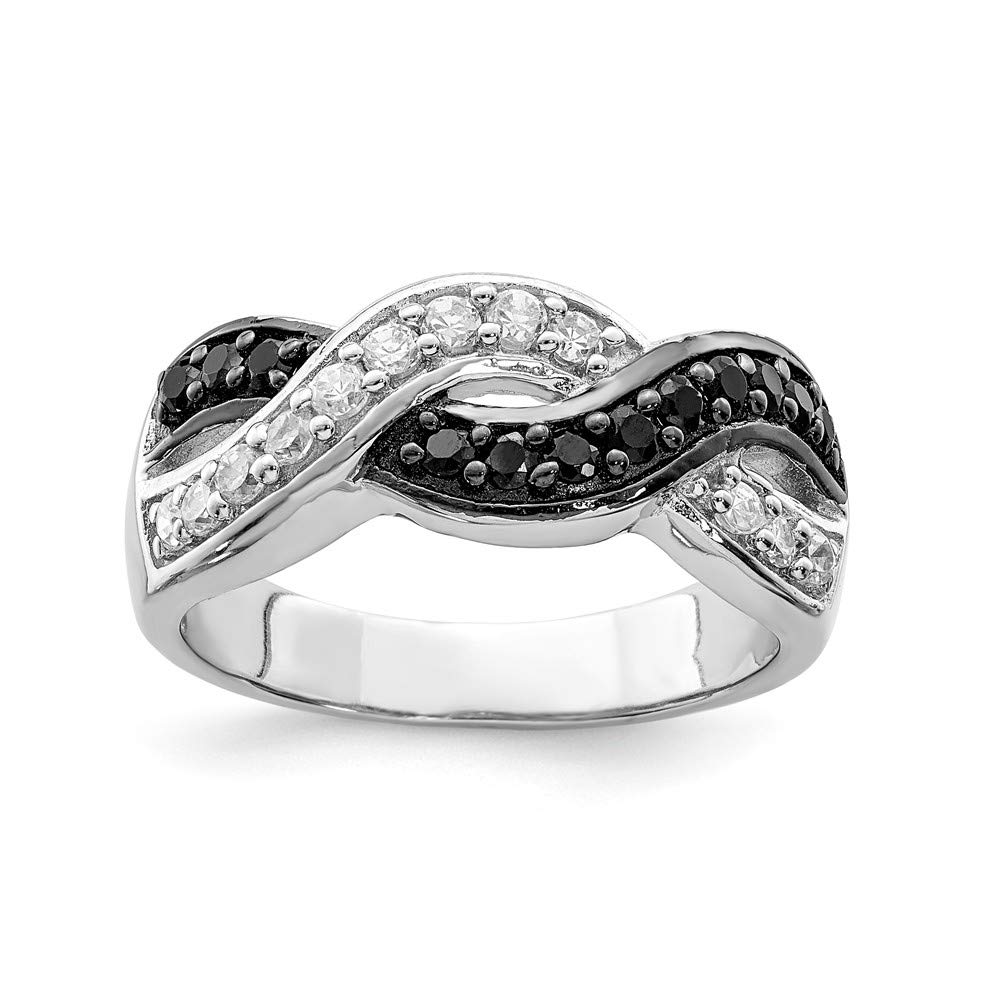 925 Sterling Silver Black & Clear Cubic Zirconia Wavy Ring - 8mm Width Elegant Stackable Jewelry for Women, Perfect for Weddings, Parties & Everyday Wear